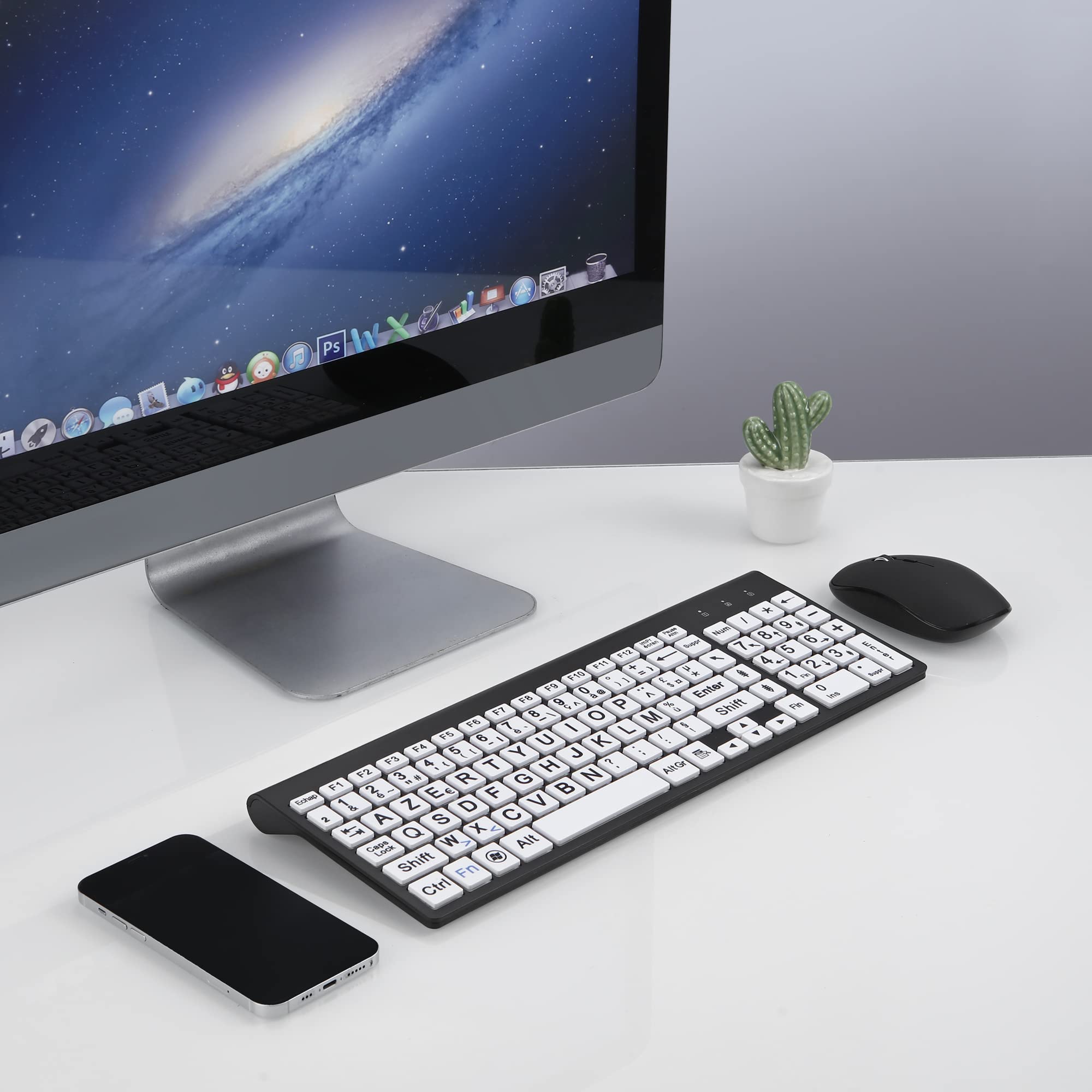 Impression Grand Format Pleine Grandeur 2.4G azerty Clavier et Souris sans Fil, Impression Grand Format surdimensionnée pour Les Malvoyants, Seniors, Enfants, Bureau et Usage