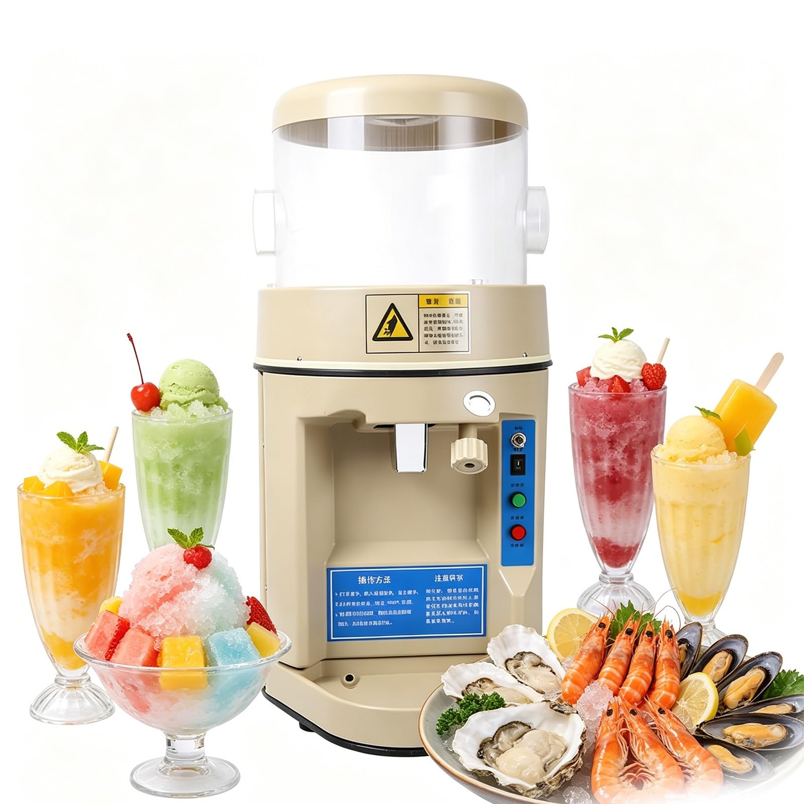 Xcscuk 440W Commercial Electric Ice Crusher,480Kg/H Snow Cone Machine, Adjustable Thickness, For Dessert Store Seafood Display