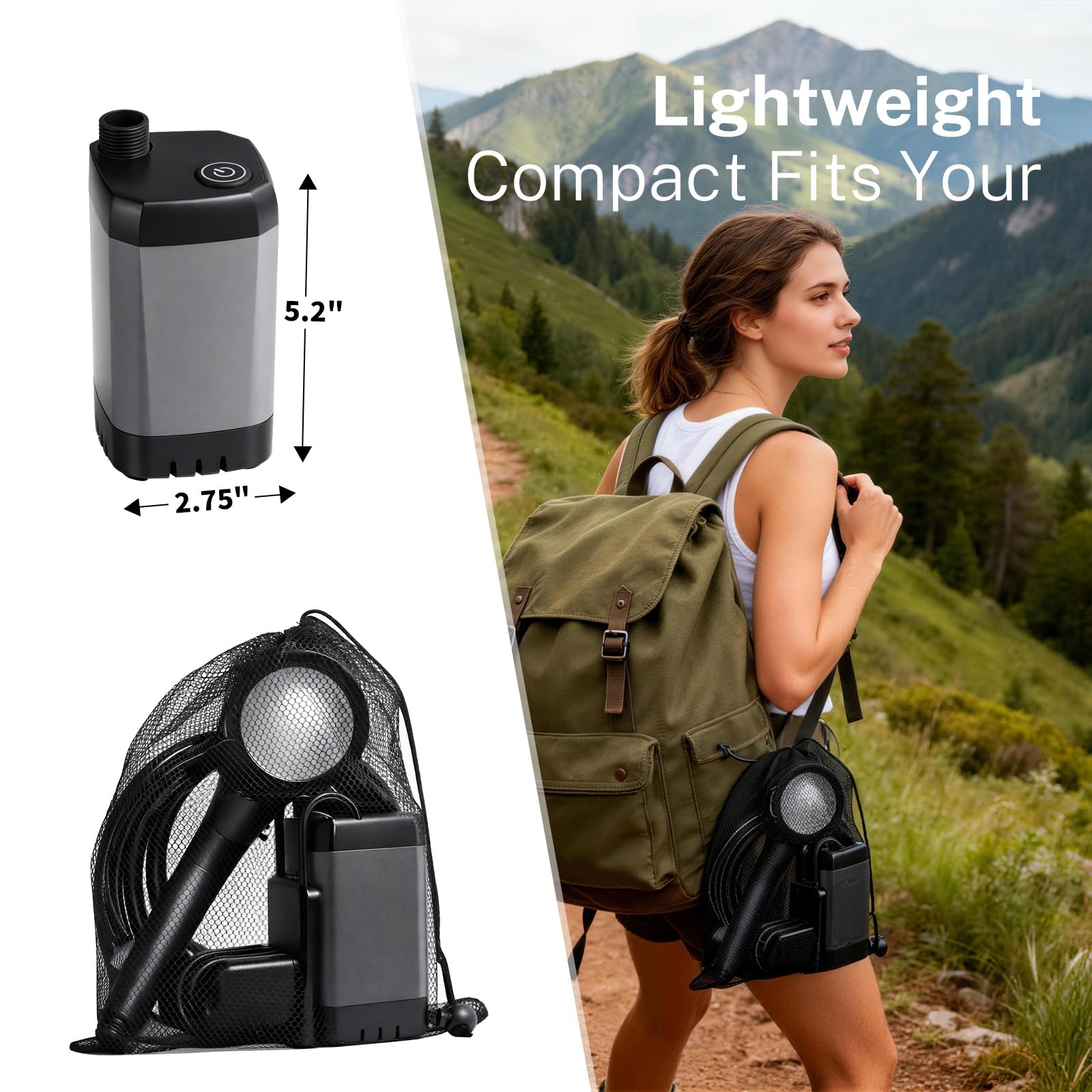 Doccia portatile da campeggio con scaldabagno, batteria da 6000 mAh, durata 140 minuti, display digitale da 5,2 pollici, 4 modalità di spruzzo, impermeabile IPX7 per escursioni, bagno per