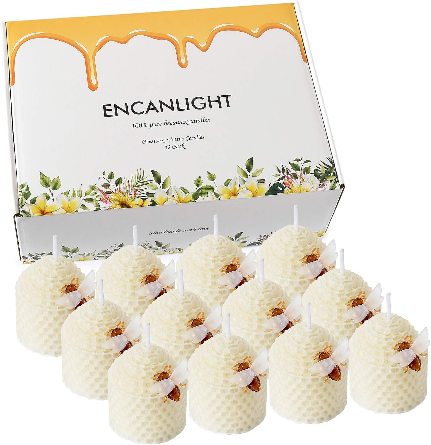 12 Pack White Hand Rolled Bee Themed Candles,5.5 Hours Burn Time Pure Natural Candles,Each Smokless and Dripless for Home Decor,Great Gifts