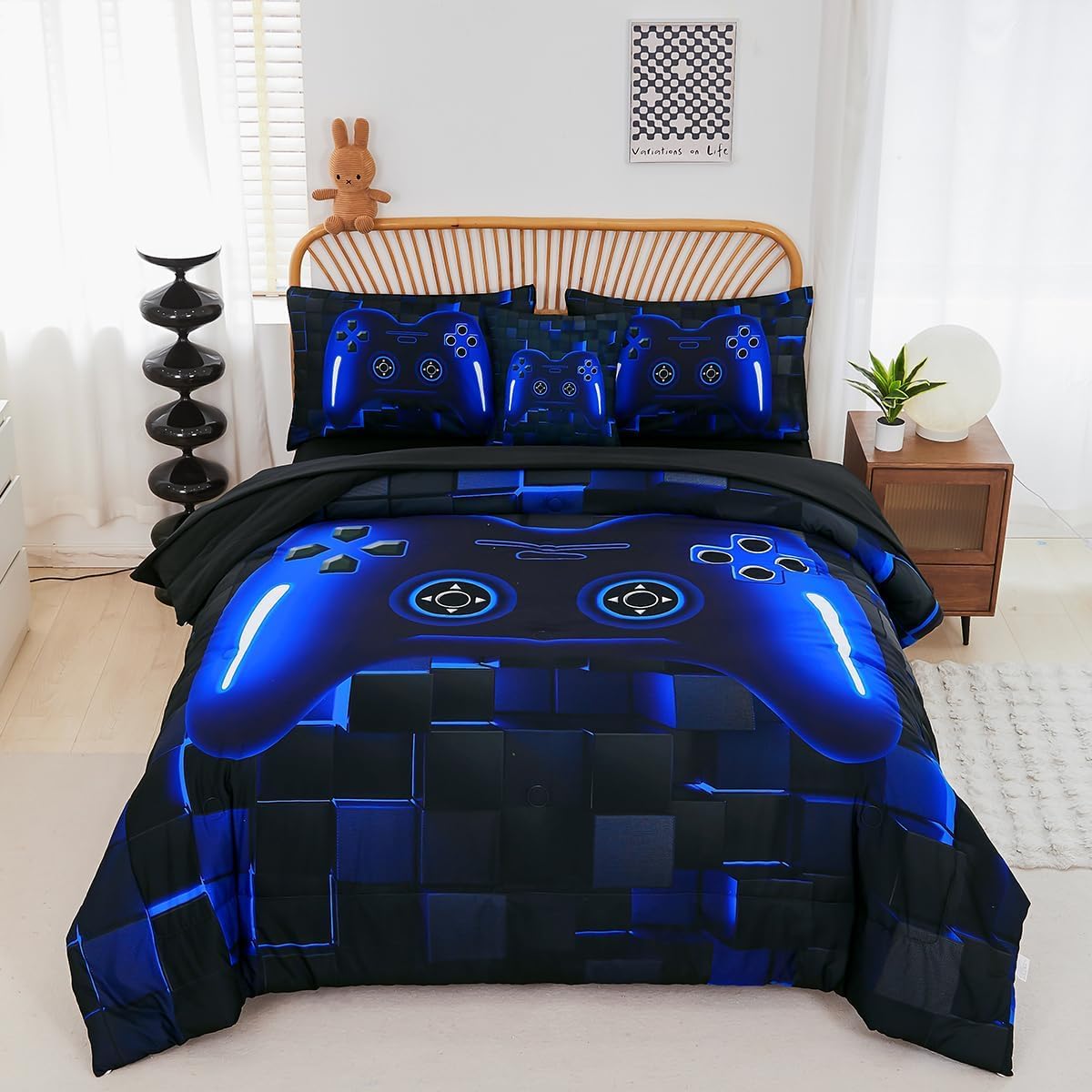 Housse de couette gaming 90x190 cm avec taie d'oreiller lit 1 personne bleu noir