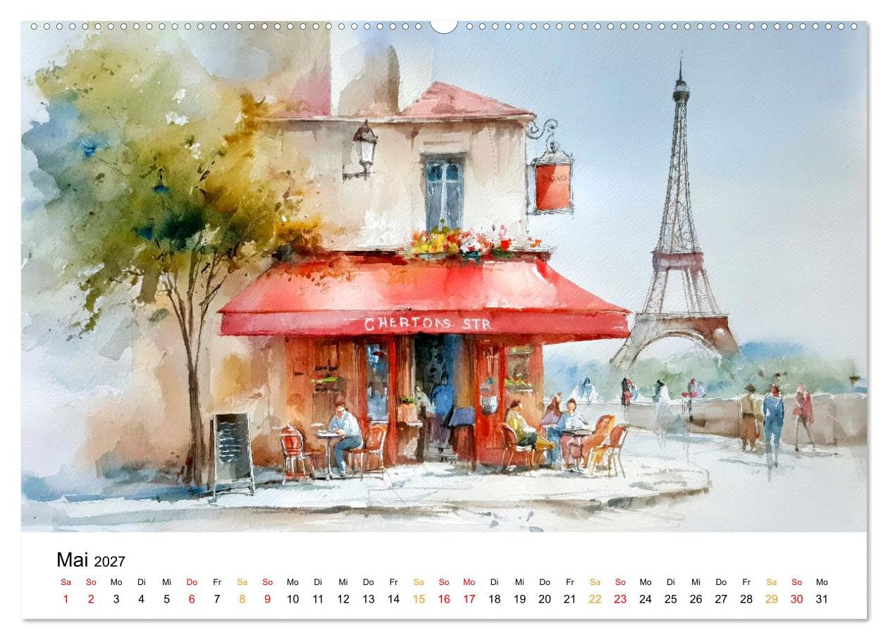Paris in sanften Farben (Wandkalender 2027 DIN A2 quer), CALVENDO Monatskalender: Paris in warmem Aquarelllicht - sanft gemalt. (CALVENDO Orte)