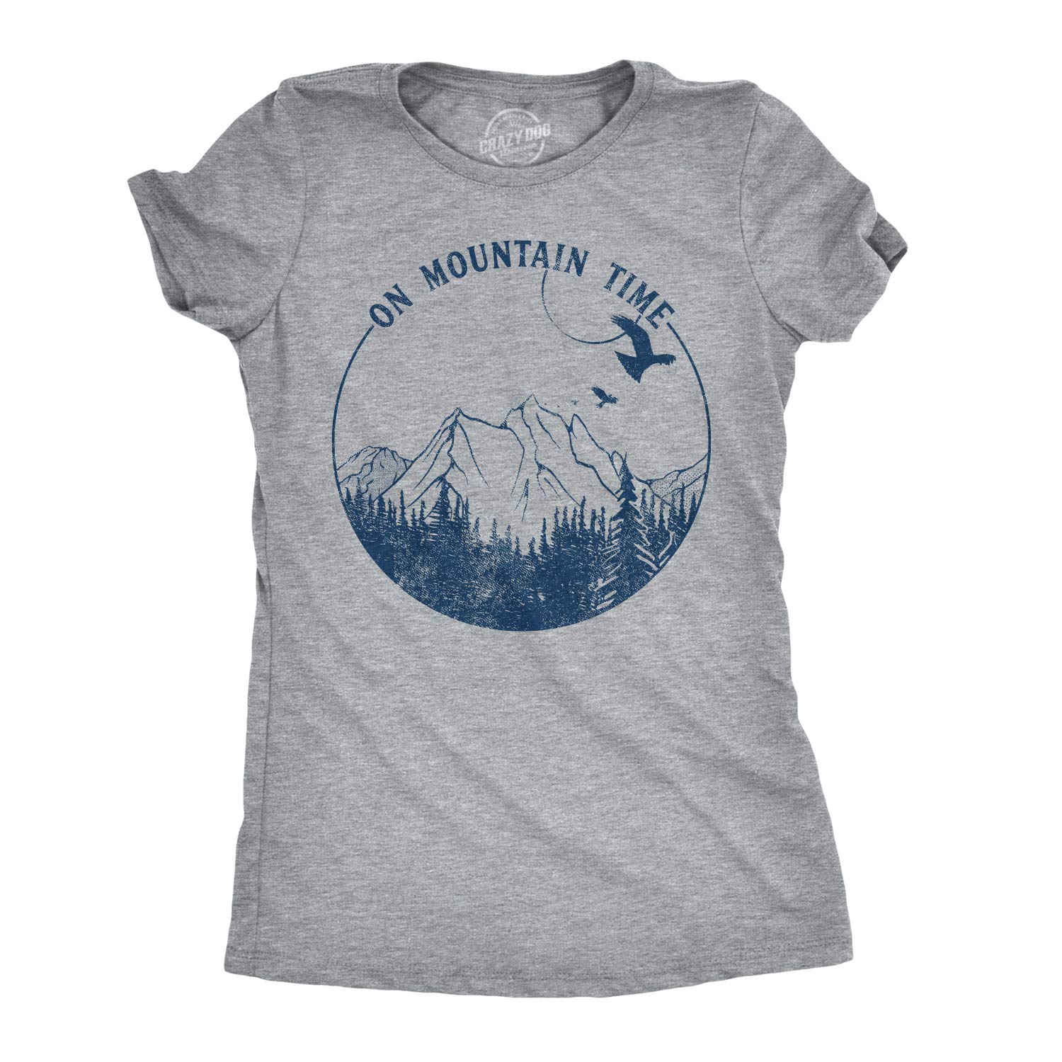 Crazy Dog T-Shirts Womens On Mountain Time Tshirt Cute Outdoor Camping Tee for Ladies