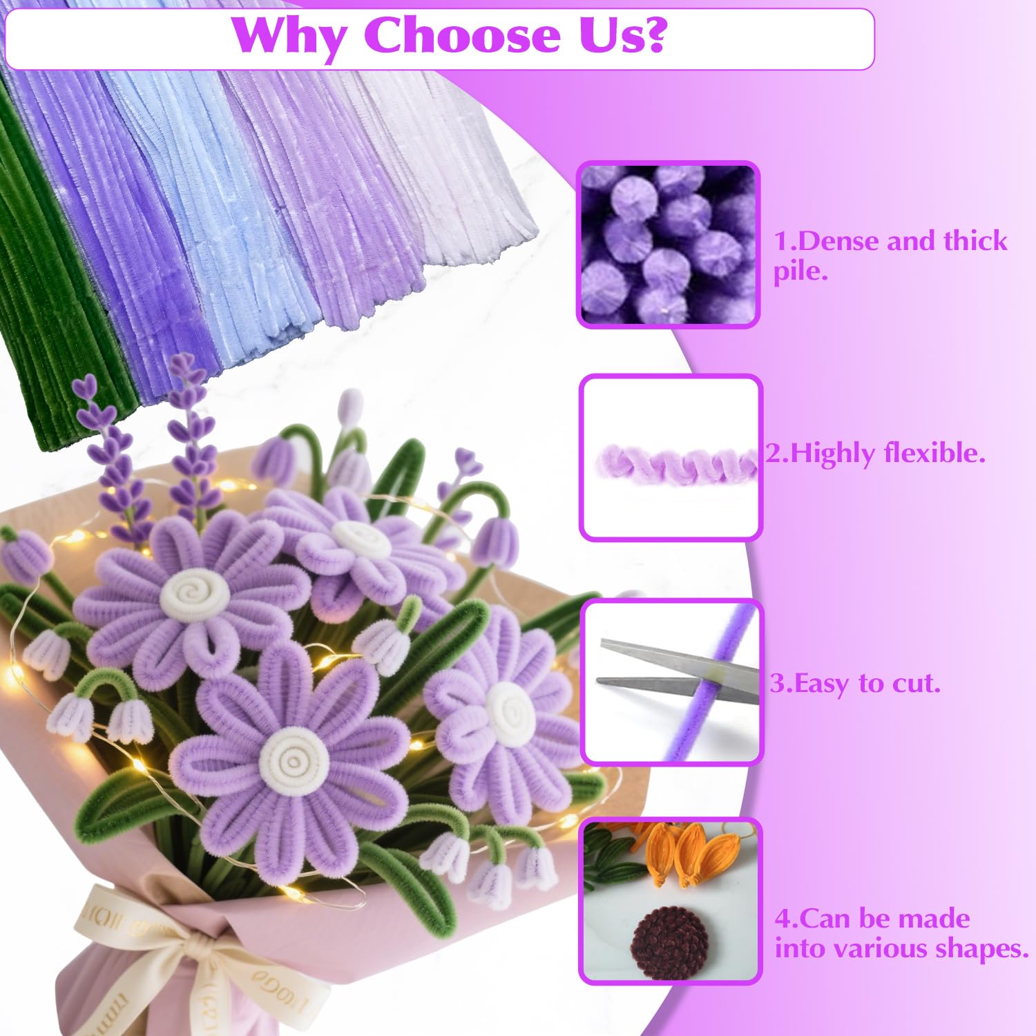 500 Pcs Pipe Cleaners Flower Making Kit with LED Light – Chenille Stems Set w/Floral Wire, Floral Stamens, Craft Wire, Tape & Ribbon for Light Up Bouquet, Kids Craft Kit & Home Décor (Purple)