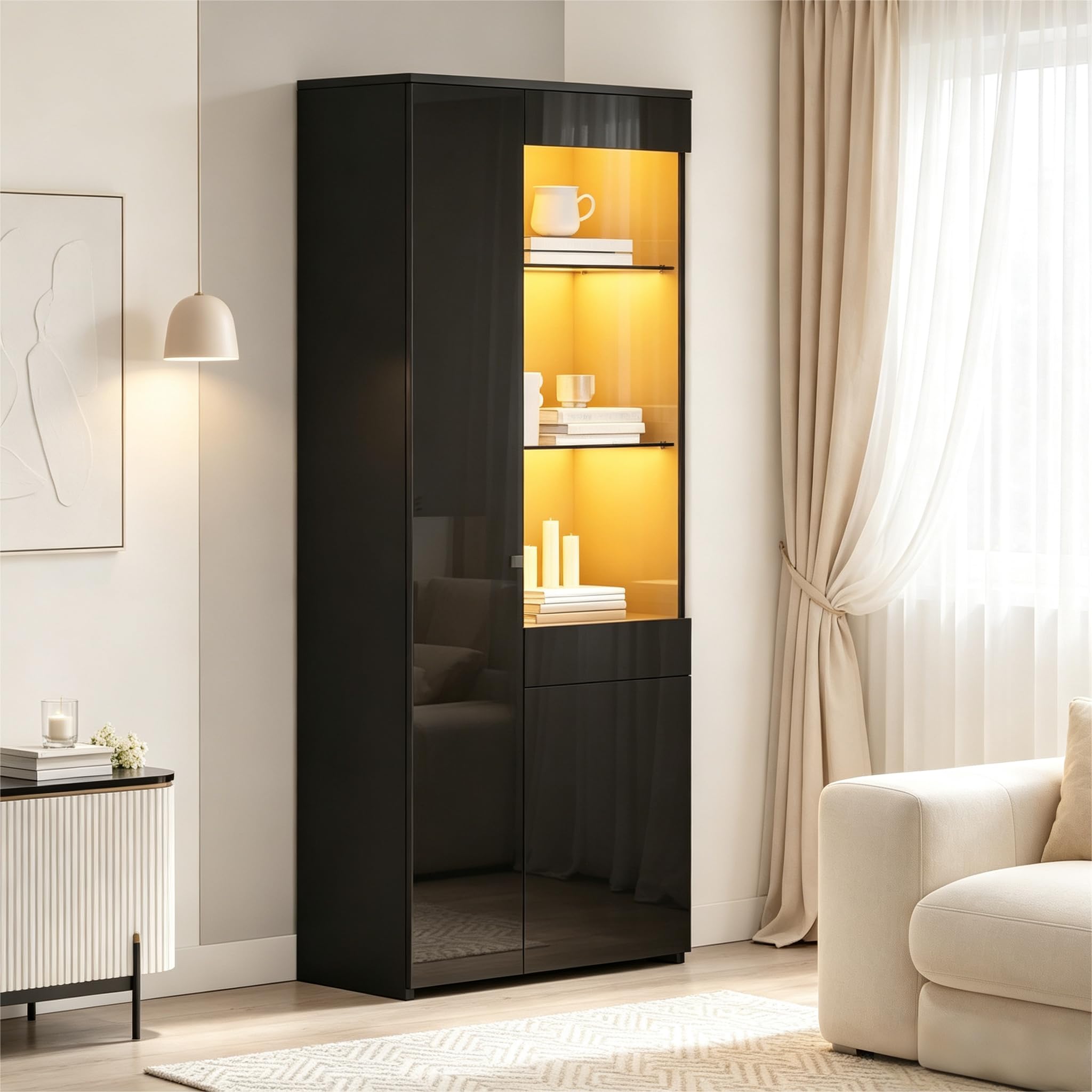 Vitrine Haute avec Tiroirs et Eclairage LED,Meuble Haut Vitré Autoportant,Charge Max 45kg,Rangement pour Salon
