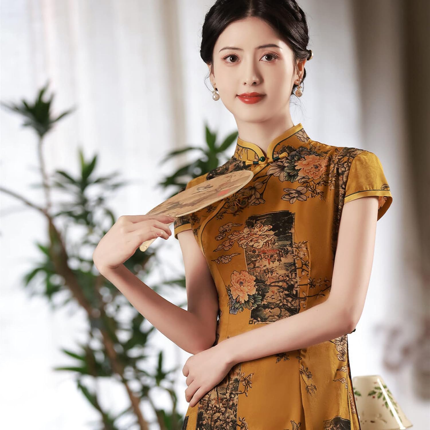 YAROVA Women's Chinese Cheongsam Dress - Summer Elegant Short Sleeve Satin A-Line Mid-Length Qipao Handmade Button Ch
