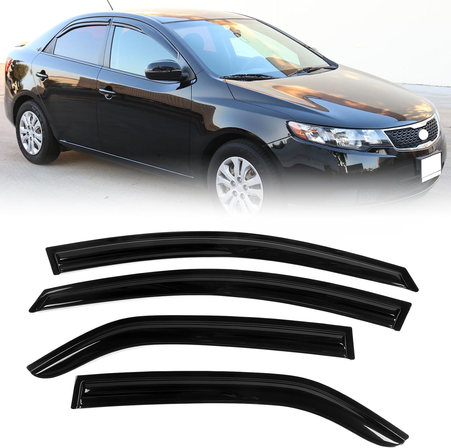 FREEMOTOR802 Tape-on Window Visors Rain Guards, Compatible with 2009-2013 Kia Forte Sedan, Mugen Style Smoke Tinted Acrylic 4 PCS Side Window Wind Deflectors Vent Visors