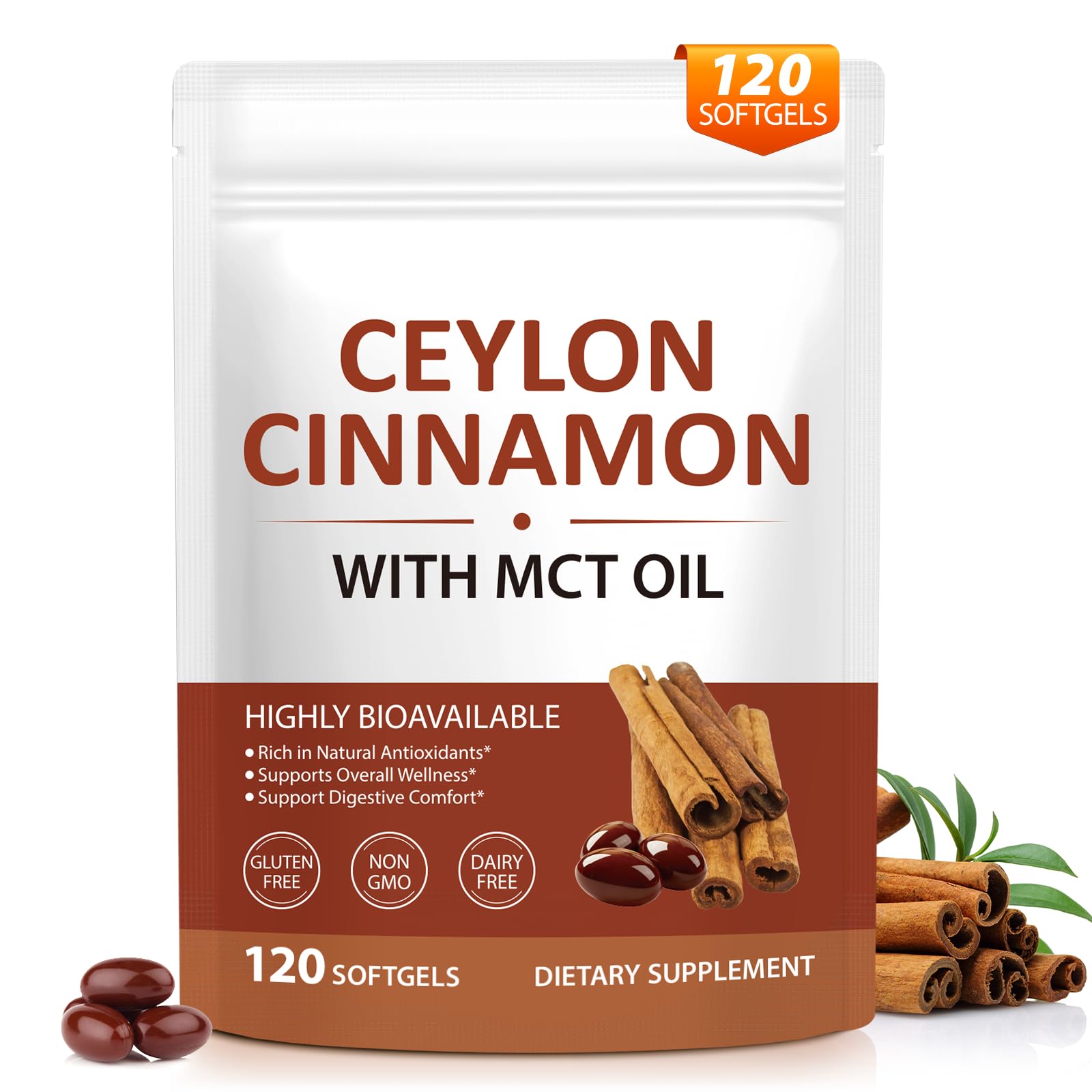 TAKNFDMY Suplemento Fitoterápico de Canela-do-Ceilão com Extrato de Canela e Óleo MCT 600 mg, 120 cápsulas gelatinosas