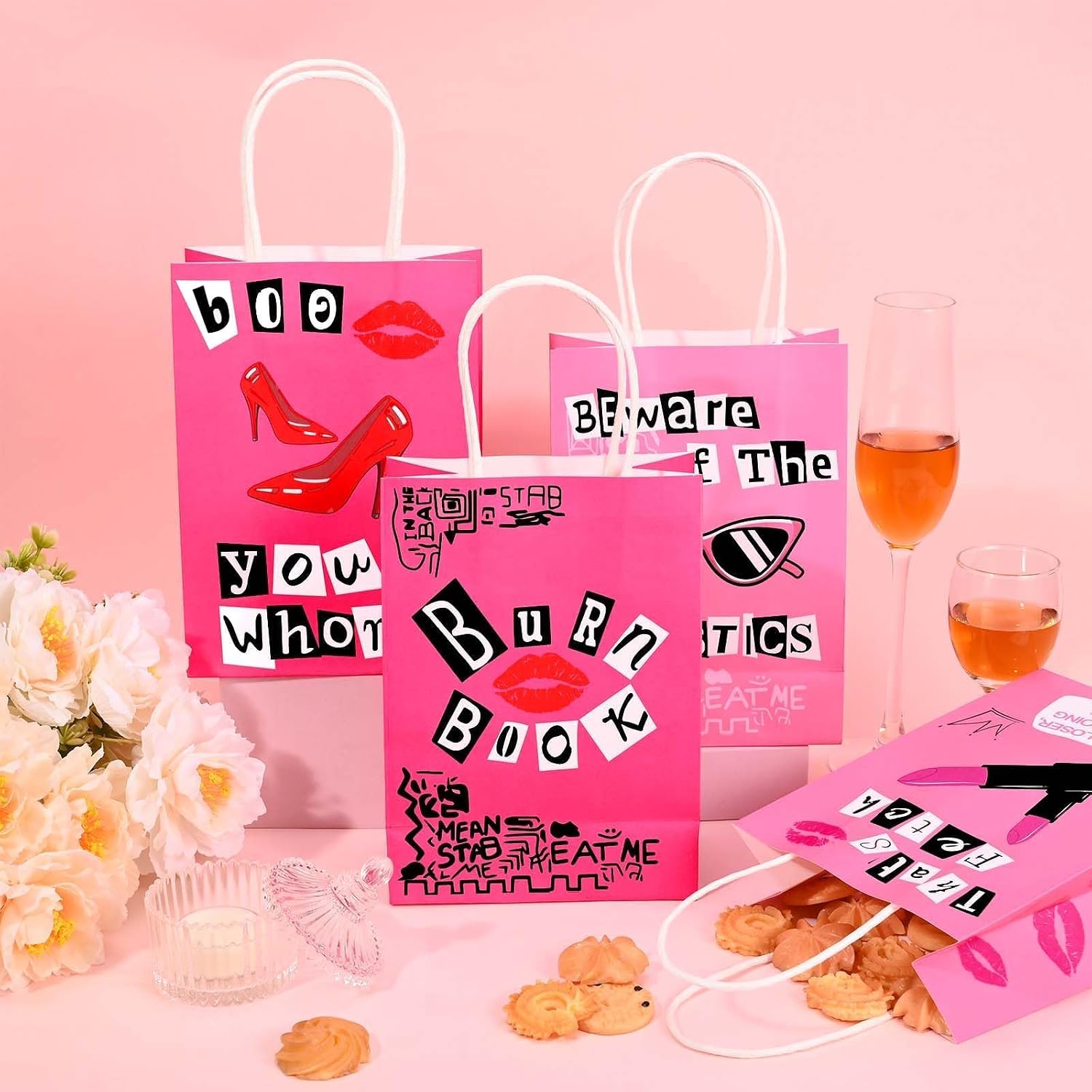 Sanixin 16Pcs Pink Gift Bags Burn Book Hot Pik Lips Candy Snacks Party Favors Bags for Birthday Bridal Shower Bachelorette Party Decorations
