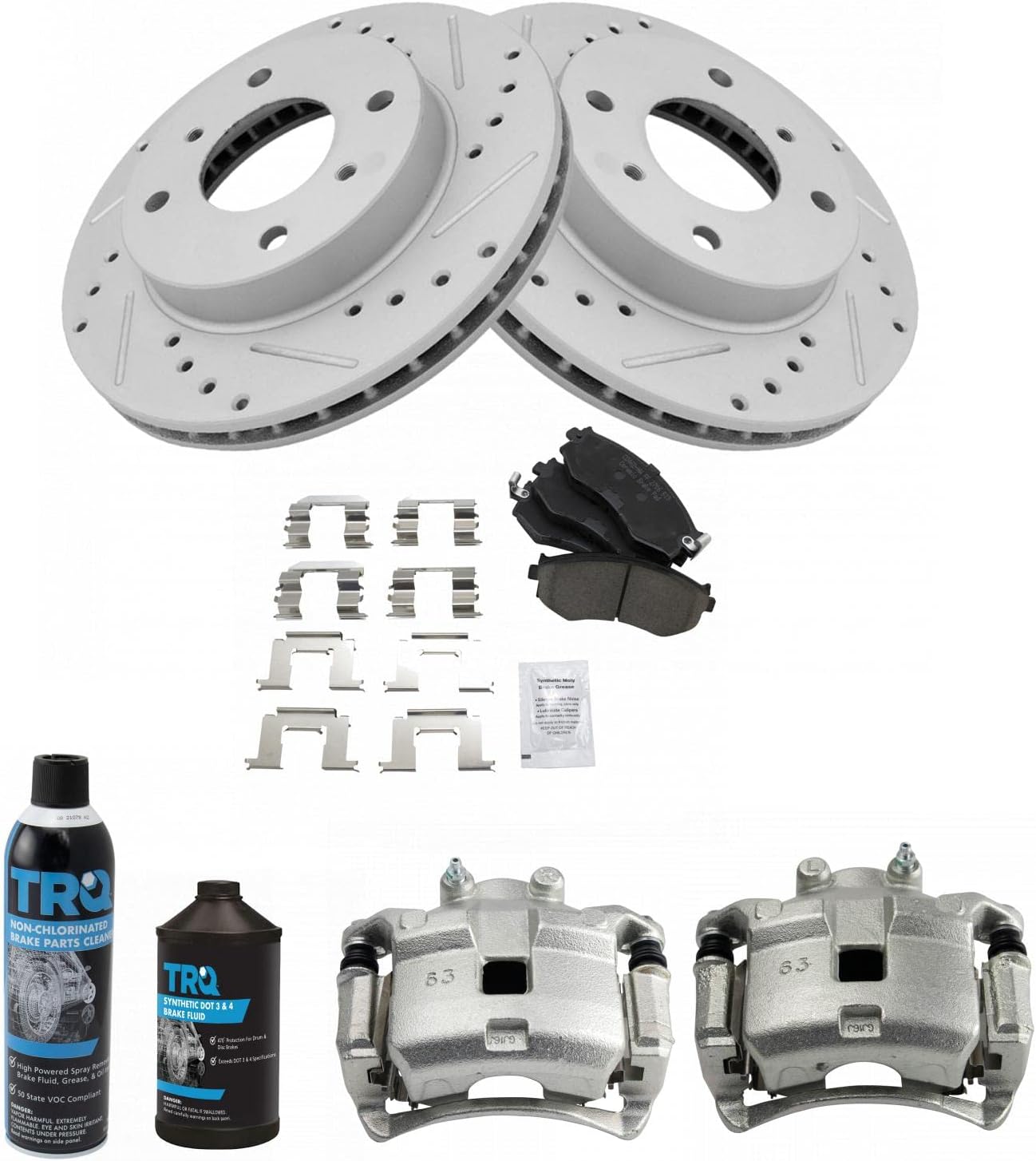 TRQ Front Performance Brake Pad & Rotor Kit Brake Caliper Brake Chemical Kit Brake Pads Brake Rotors Set Ceramic Compatible with 2000-2006 Nissan Sentra