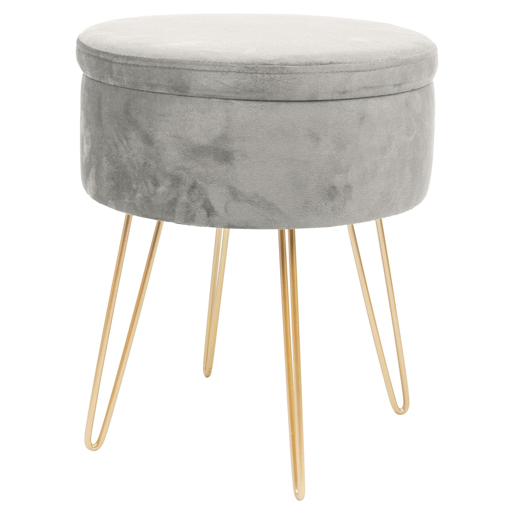 Harbour Housewares Velvet Round Foot Stool with Storage - Grey with Gold Legs - Modern Dressing Table Pouffe Footstool Vanity Seats Vanity Chairs Footstools for Living Room, Bedroom