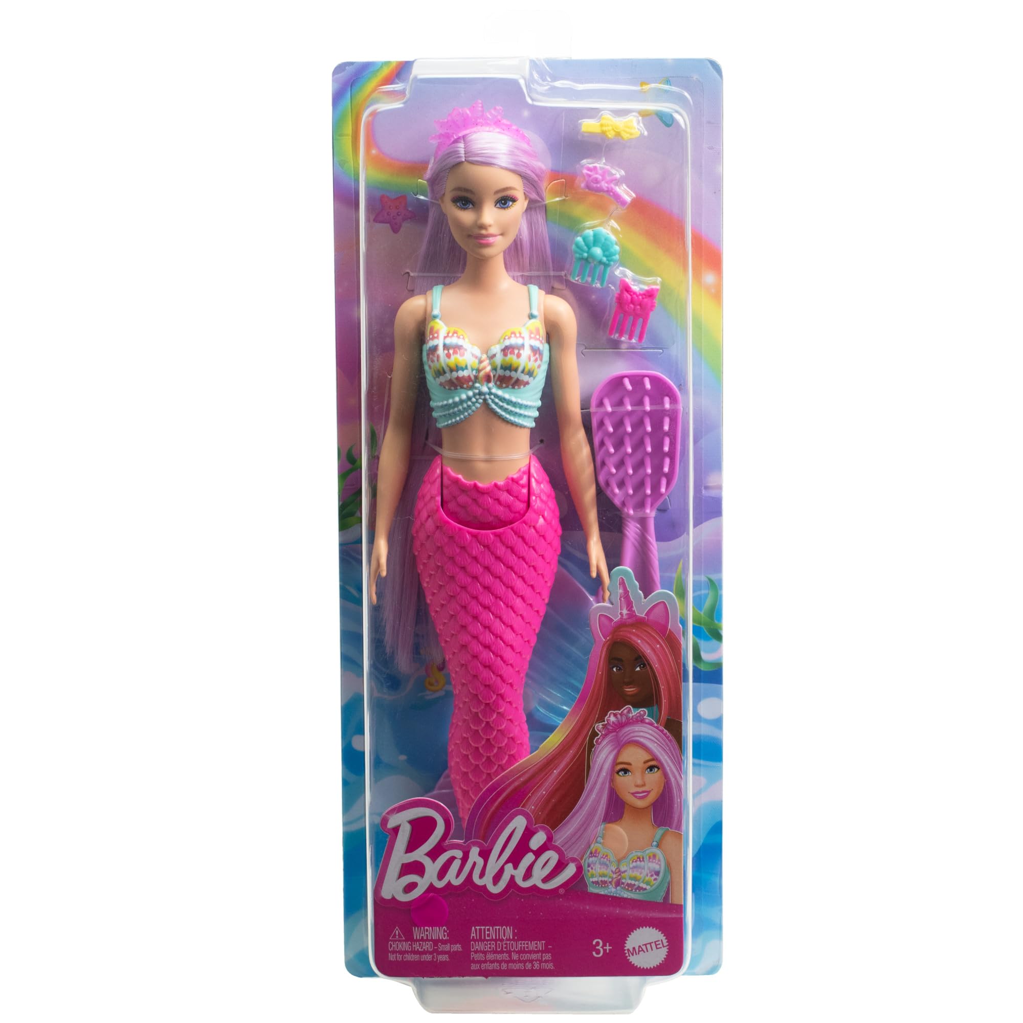 Barbie Syrenka Lalka Długie włosy (pastelowy róż, prawie 18 cm długości) + kolorowe akcesoria do stylizacji, takie jak opaska i spinki do włosów, HRR00