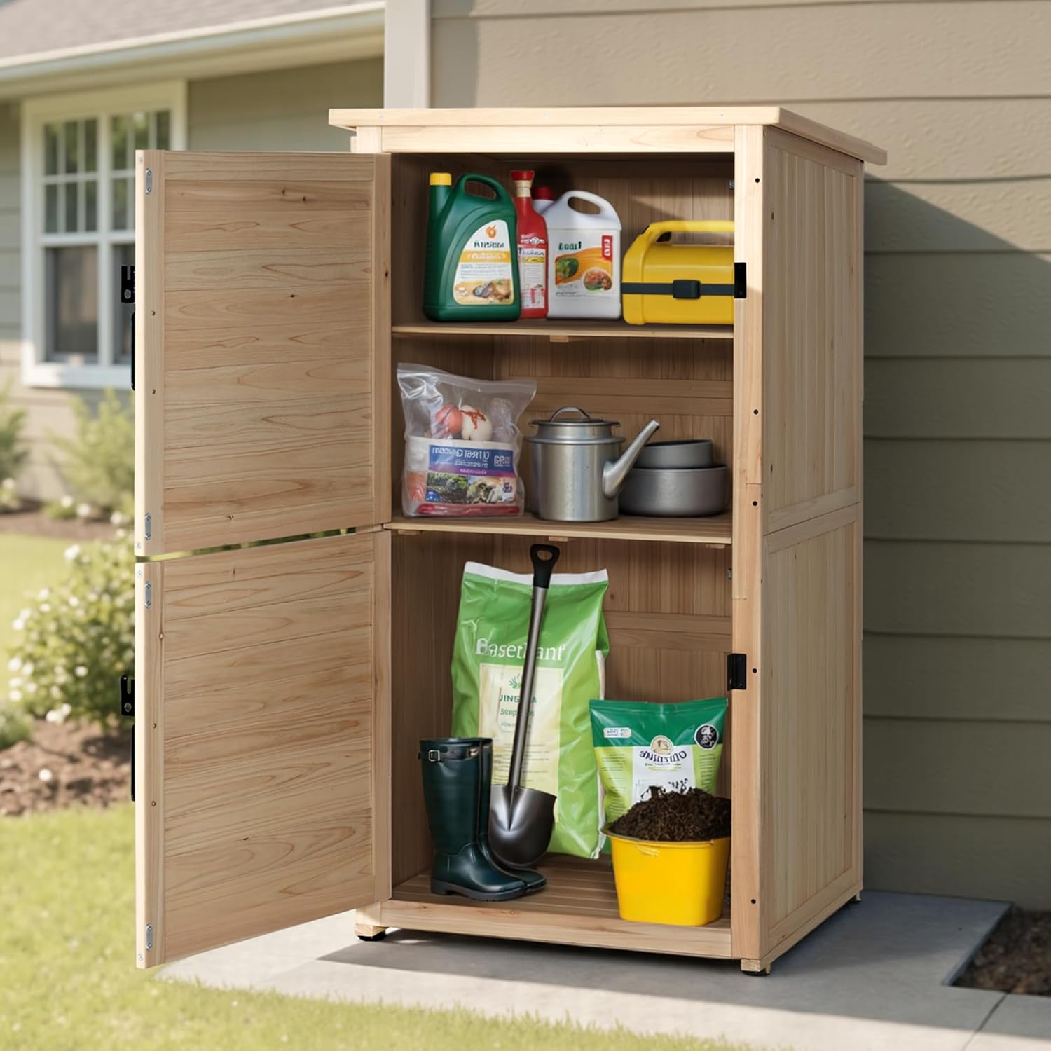 MCombo wood storage shed with doors open, showing various garden tools and supplies stored inside.