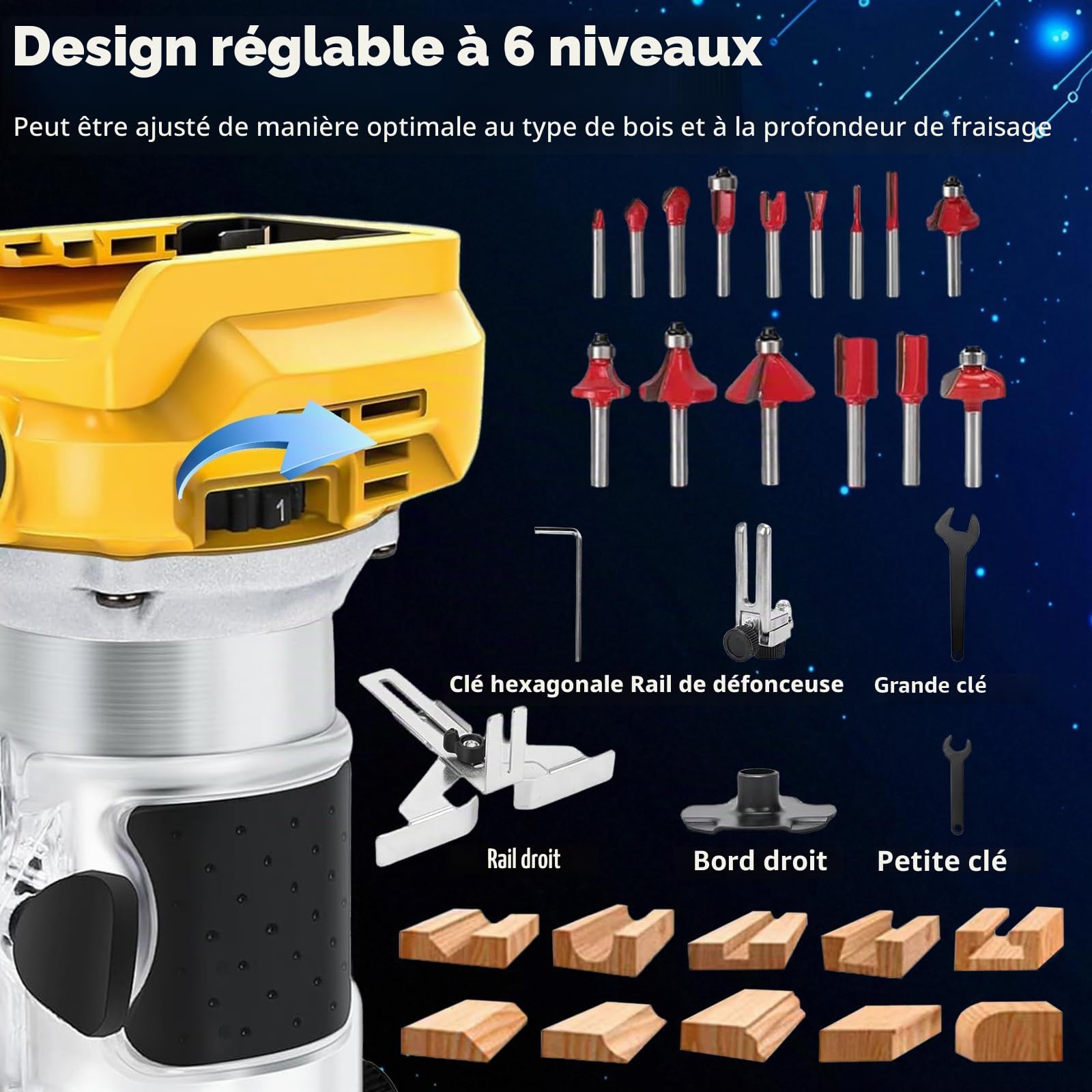 Defonceuse a Bois sans fil pour Dewalt 20 V/18 V Batterie, Fraise à bordure | 1300 W bordure sans fil Balais 6 Vitesses,Fraiseuse à une Main,fraise à bords sans balais avec 15 Fraises 1/4"" pour Travail