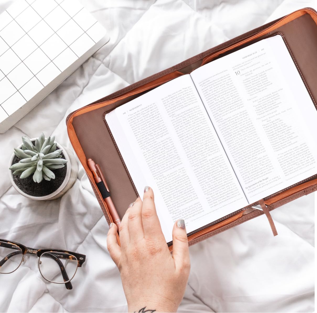 Stand Firm | Hard Faux Leather Bible Covers for Men and Women | Imitation Leather Book Cover | Bible Holder Case with Ribbon Bookmark Pen Loop Organizer Pockets (9.32X6.62X1.75 Inches)