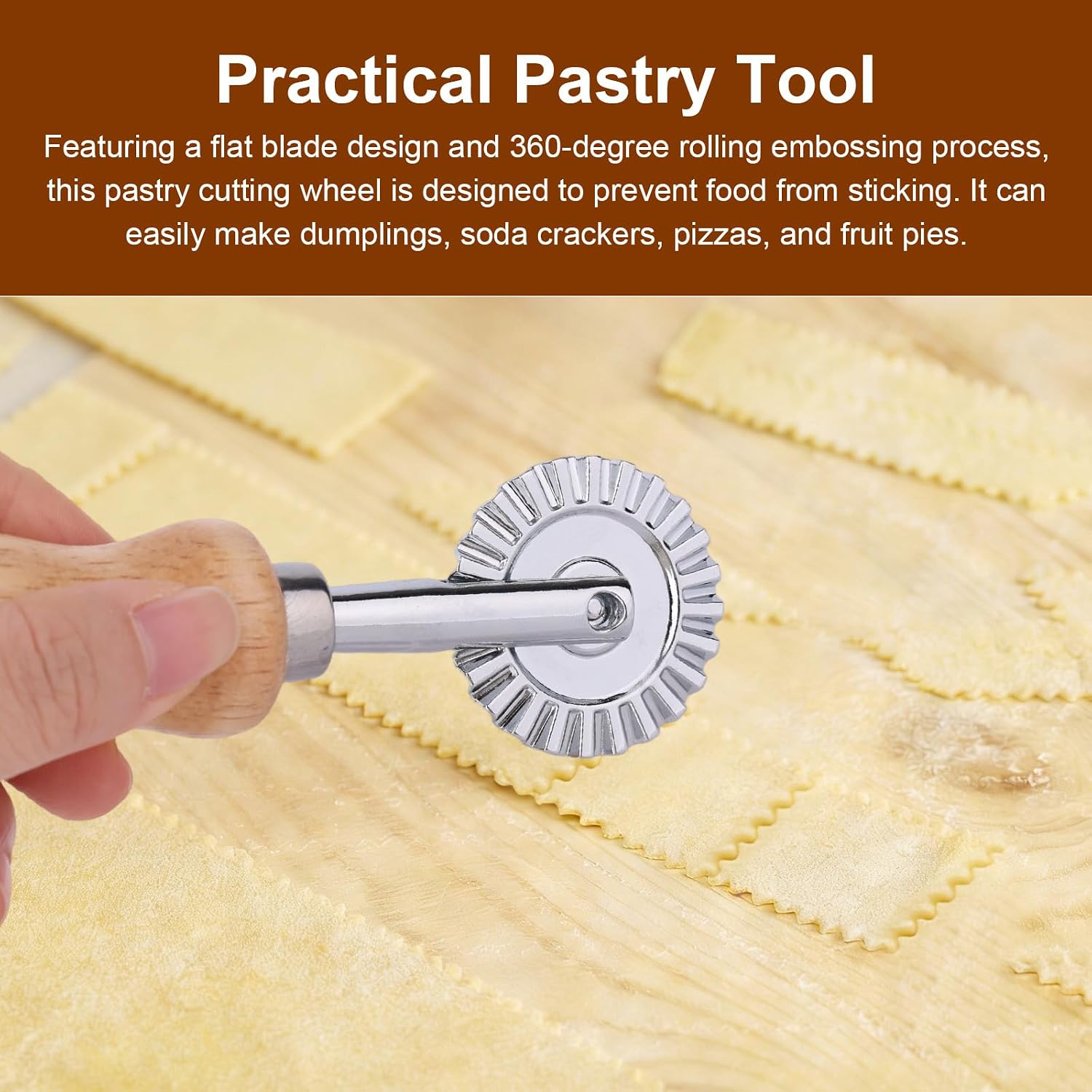 2pcs Fluted Pastry Cutter Wheels, Zinc Alloy Short Ravioli & Pasta Crimper Cutter with Wooden Handle Dough Roller Cracker Maker Tool for Home Kitchen Pizza Cookies Pie Crust Dumplings