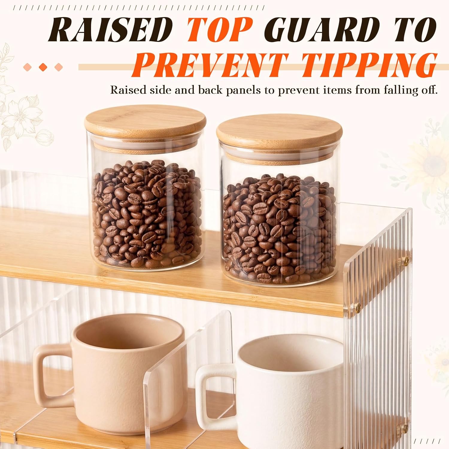 4 Tier Coffee Mug Holder Wooden Mugs Display Shelf Cup Station Rack Organizer Grid Style Storage for Kitchen Countertop Buffet Cabinet Bar Home Organization