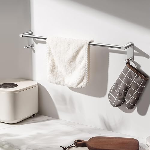 Miniatura 4 de Toallero adhesivo de 24 pulgadas  Toallero de acero inoxidable para baño, soporte de toalla sin perforaciones con 2 ganchos, plateado cepillado