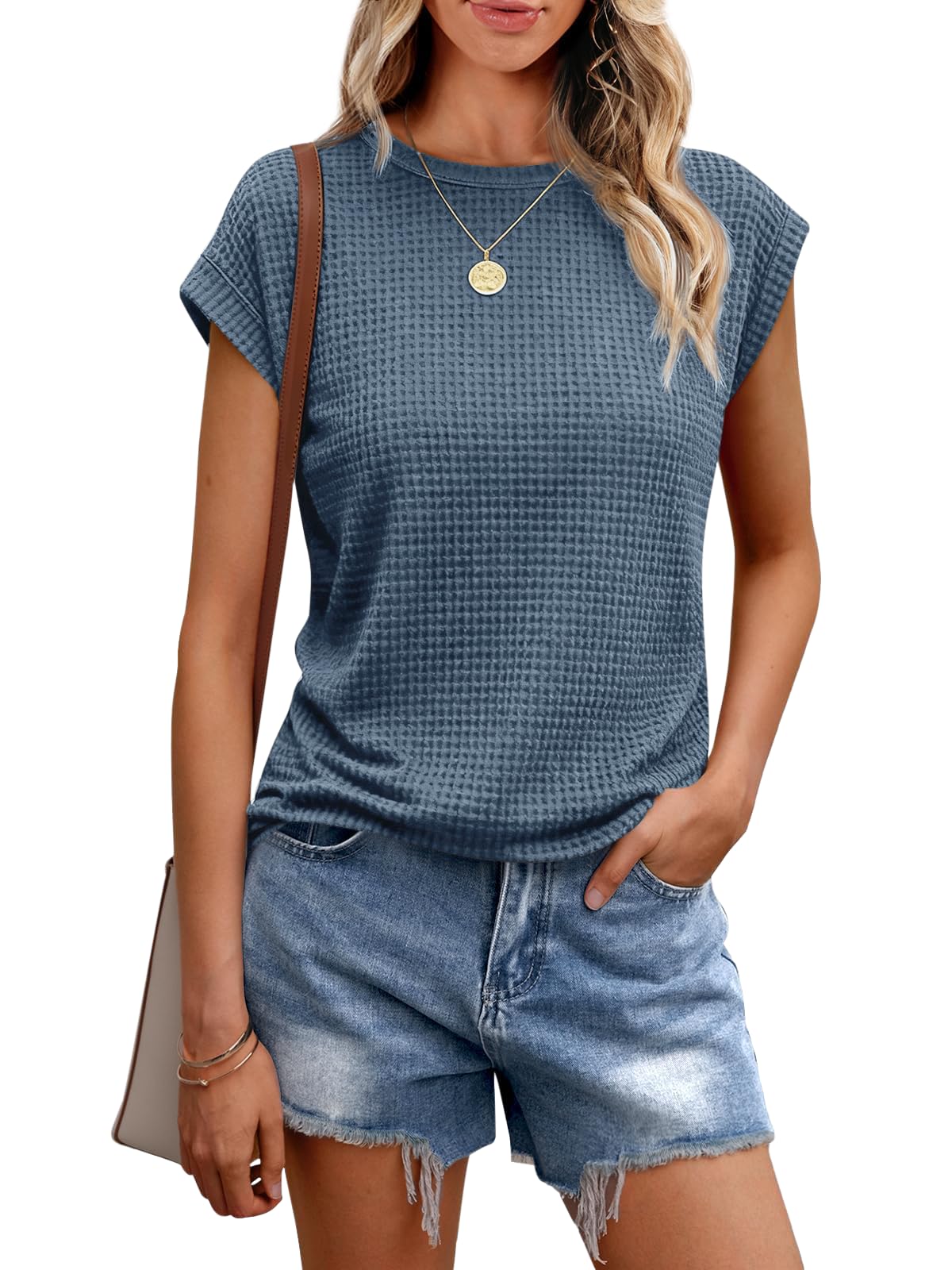 Chicrise T Shirt Damen Sommer Rundhals Waffelstrick Bluse Kurzarm Top Basic Business Outfit