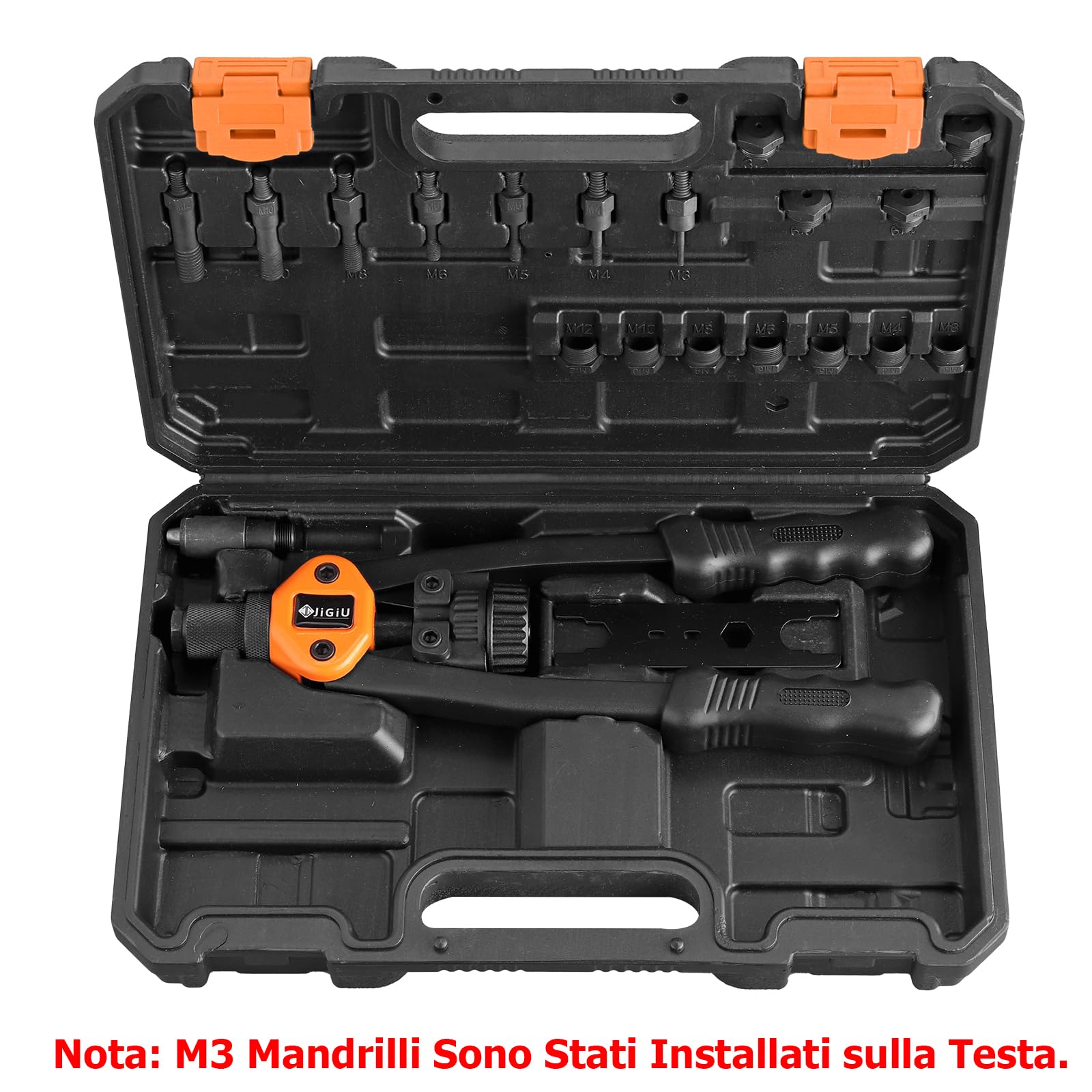 JiGiU Rivettatrice Professionale 2 in 1 per Inserti Filettati-7pz Mandrini Metrici 110 Dadi 5 Diverse Misure Doppio Manico di Rivettatrici-50 pz Rivetti per Lavori Edili-Nero Arancione