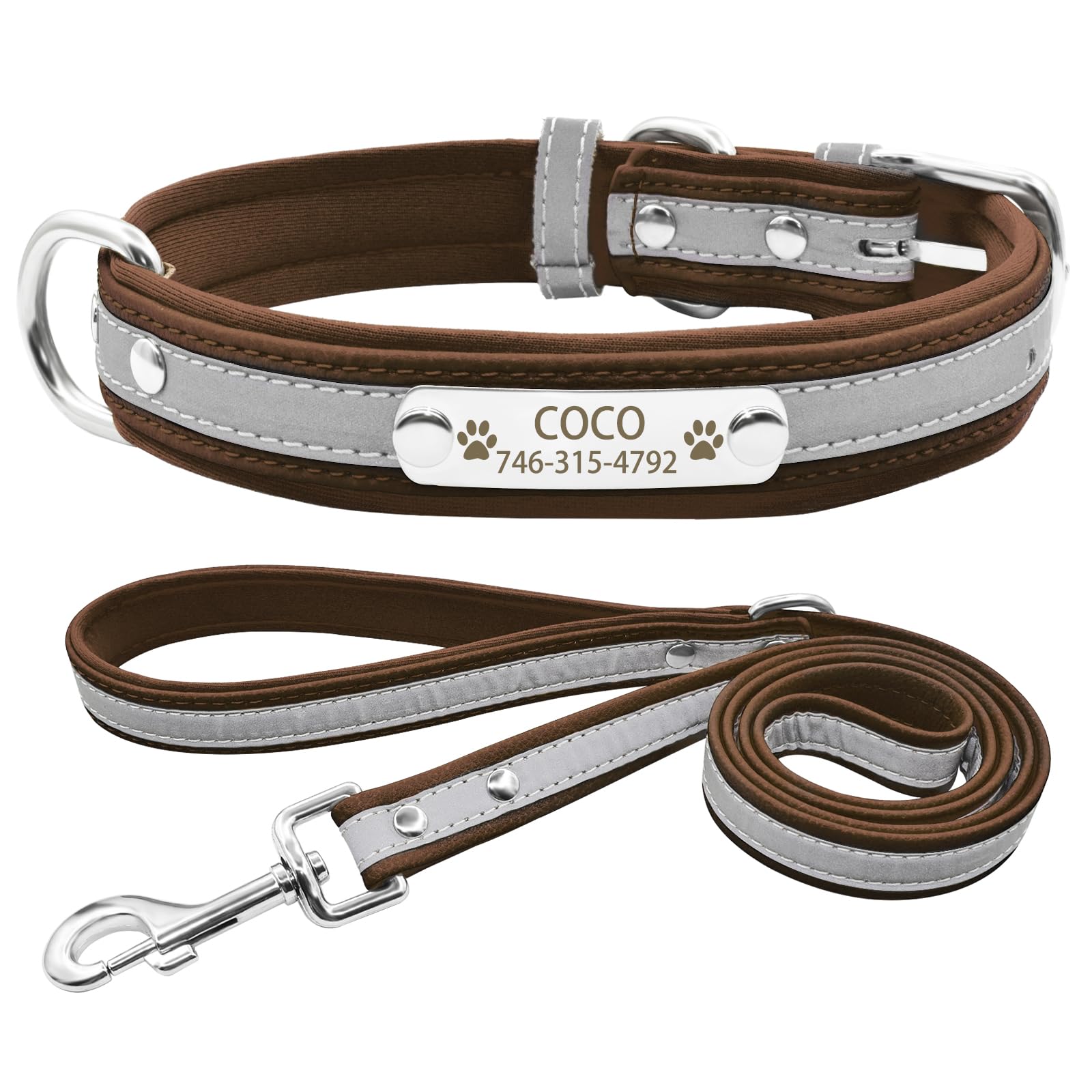 Senristar Personalised Neoprene Padded Reflective Dog Collar and Leash Set,Custom Engraved Dog Collar with Name Plate for Small Medium Large Dogs (XS,Brown Set)