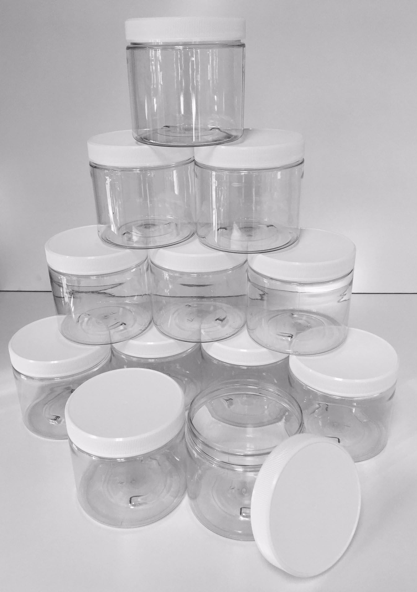 32 Oz Plastic Jars with lids, wide mouth, Bulk Pack of 8, Clear Round Jar & White Lid,-Made in USA