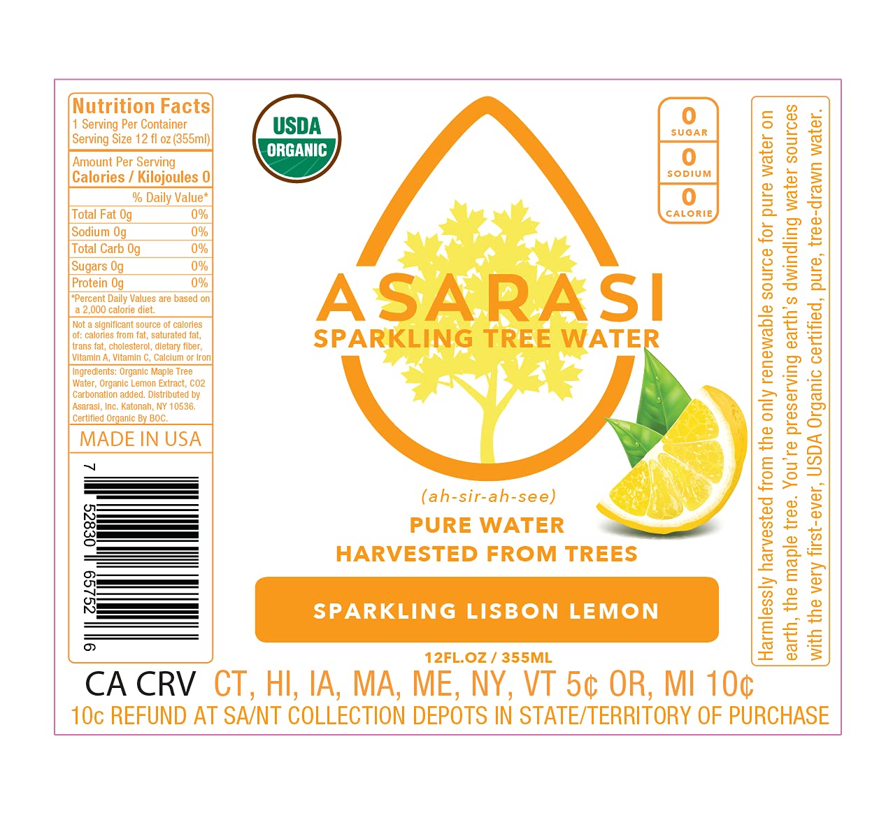 Asarasi Organic Sparkling Lisbon Lemon Tree Water - 12 Pack