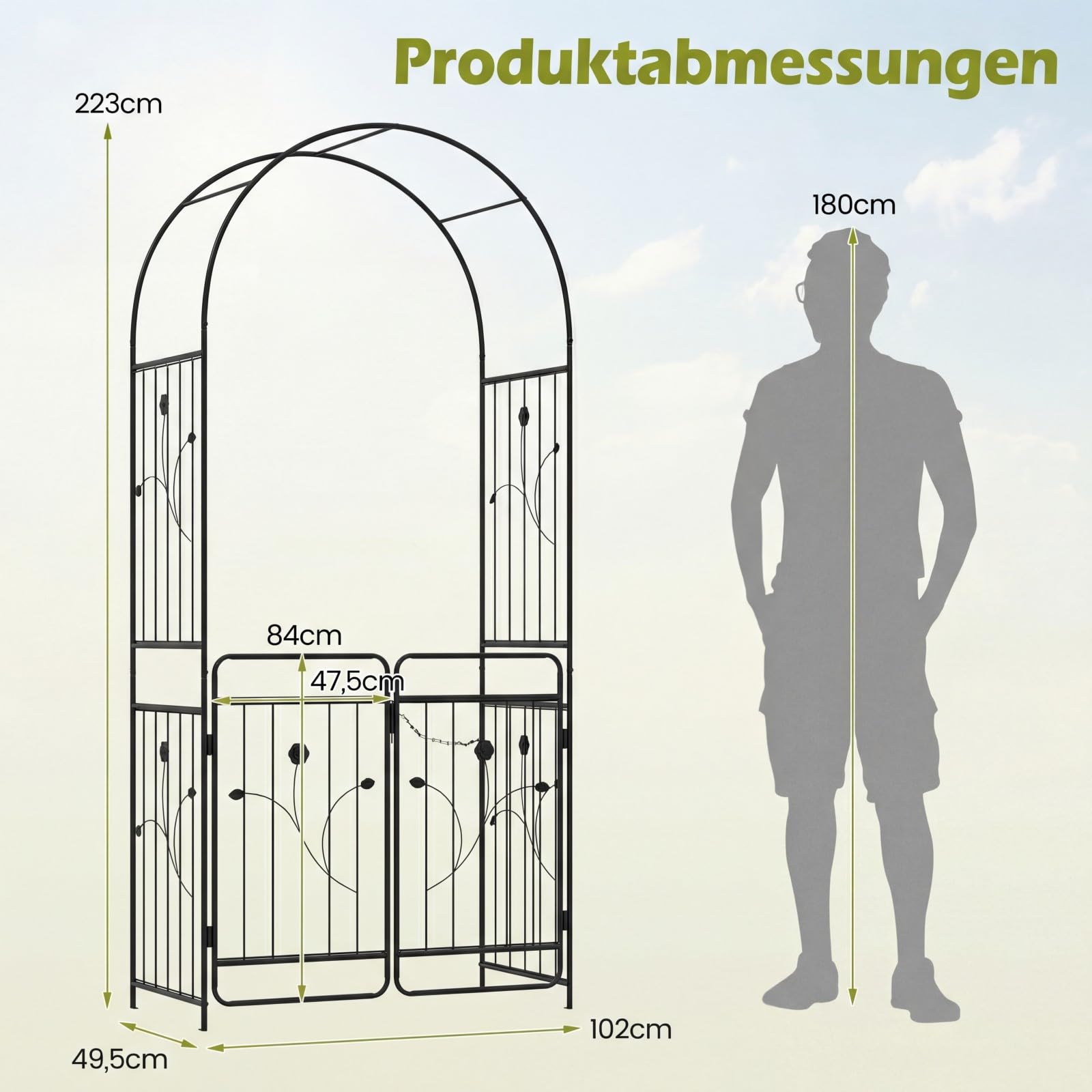 COSTWAY Rosenbogen mit Tür, Gartenbogen aus Metall stabil, Torbogen Garten, Rankbogen für Kletterpflanzen, Rankhilfe Rankgitter Rundbogen, inkl. Erdspieße, für Hochzeit Partys (102 x 49,5 x 223 cm)