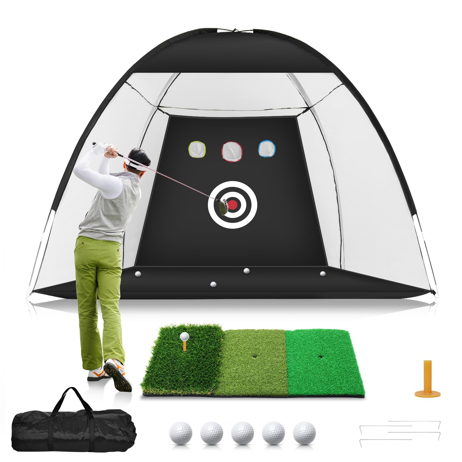 Rete da golf 3 x 2,1 m, con tappetino da golf Tri-Turf All in 1, per allenamento a dondolo, per allenamento a dondolo, con bersaglio, palline, tè/borsa