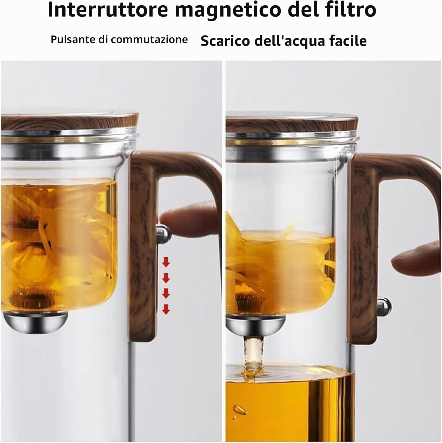 The Harmony Pot, Enchanti Teiera magnetica, Teiera magica Enchantipot con infusore, teiera in vetro separatore d'acqua con colino e manico in legno (800 ml)