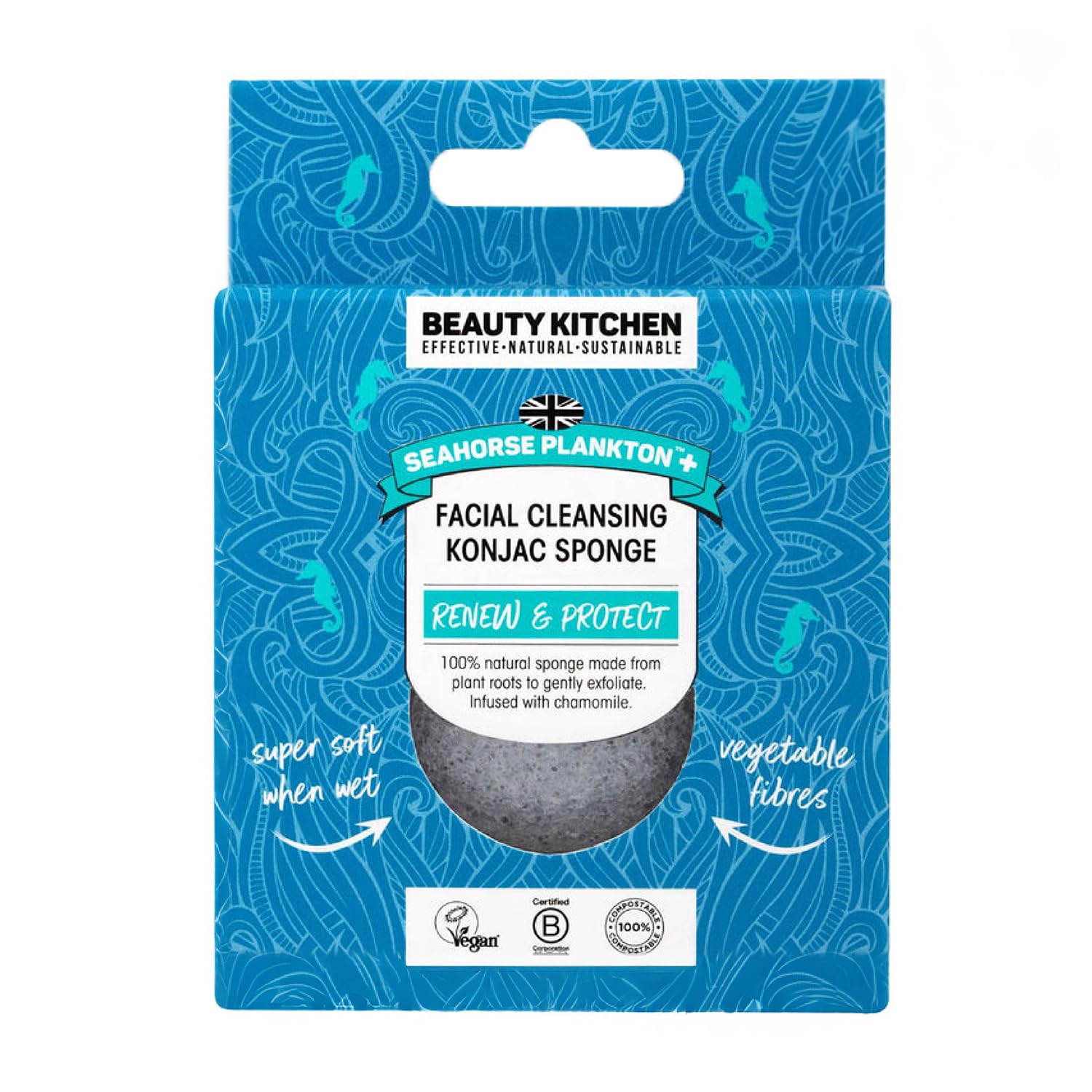 Beauty Kitchen Seahorse Plankton+ Facial Cleansing Konjac Sponge | 100% Natural Made With Plant Roots | Gental Exfloliating Cleanser | Vegan | Pack of 1
