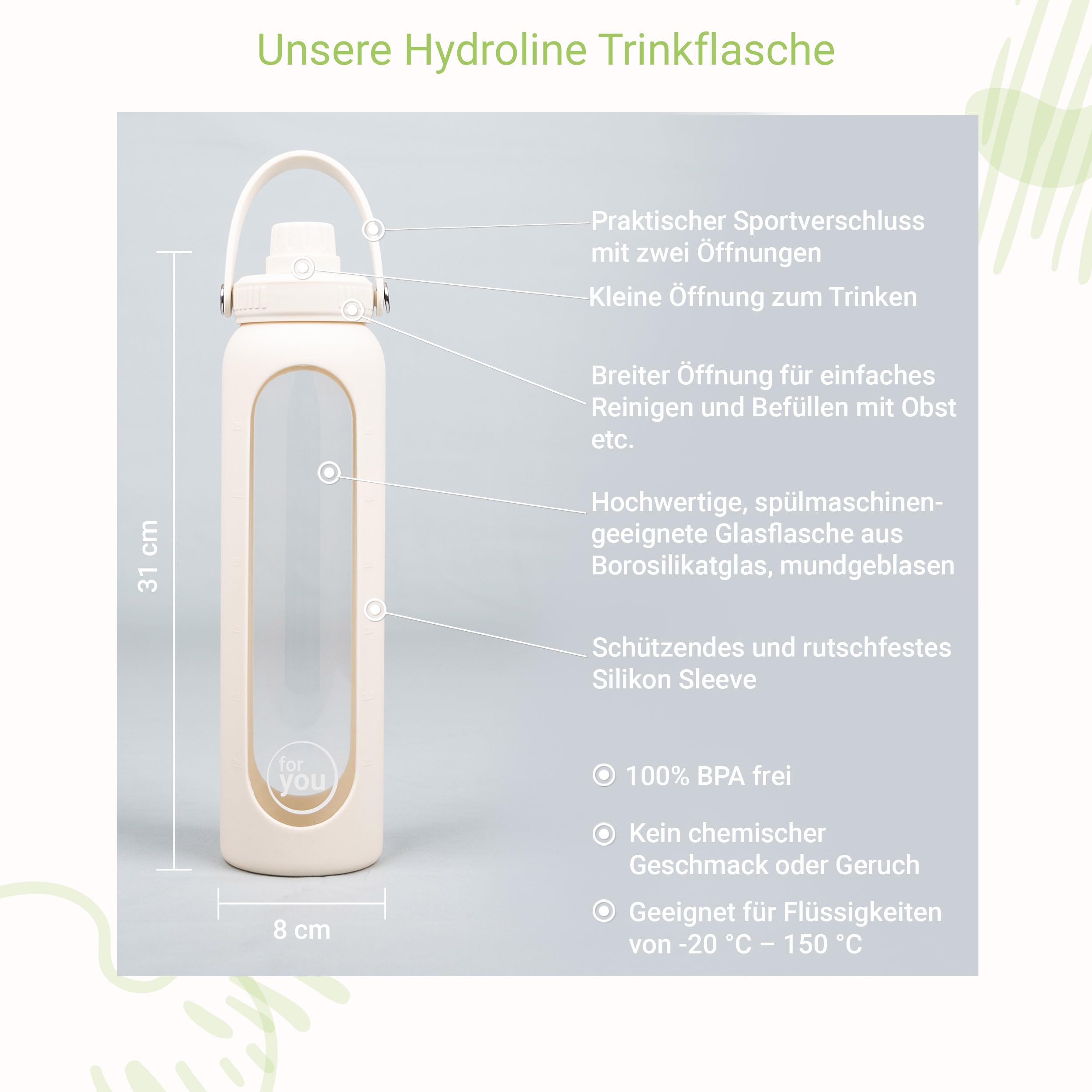 for you Hydroline Glas-Trinkflasche light beige Dreierpack 1000 ml - Deckel mit Doppel-Öffnung - aus Glas mit Silikonhülle & Zeitmarkierung - Spülmaschinenfest & BPA-frei - geeignet von -20°C – 150°C