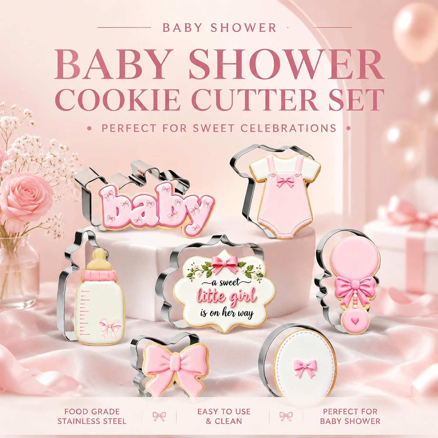 7PCS Mini Wildflower Baby Shower Cookie Cutters Set,Bowknot Stainless Steel Biscuit Cutters,Bouquet,Onesie,Bottle,Fondant Biscuit Cutting Molds for Baby in Bloom Party DIY Craft Home Baking Supplies