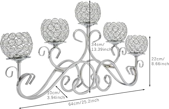 5-Arm Candle Holders Candelabra Centerpieces, 13.39Inch Tall Desktop Sliver Crystal Candelabra Candle Stand, Elegant Candle Holders Candlestick for Weddings, Parties, Celebrations