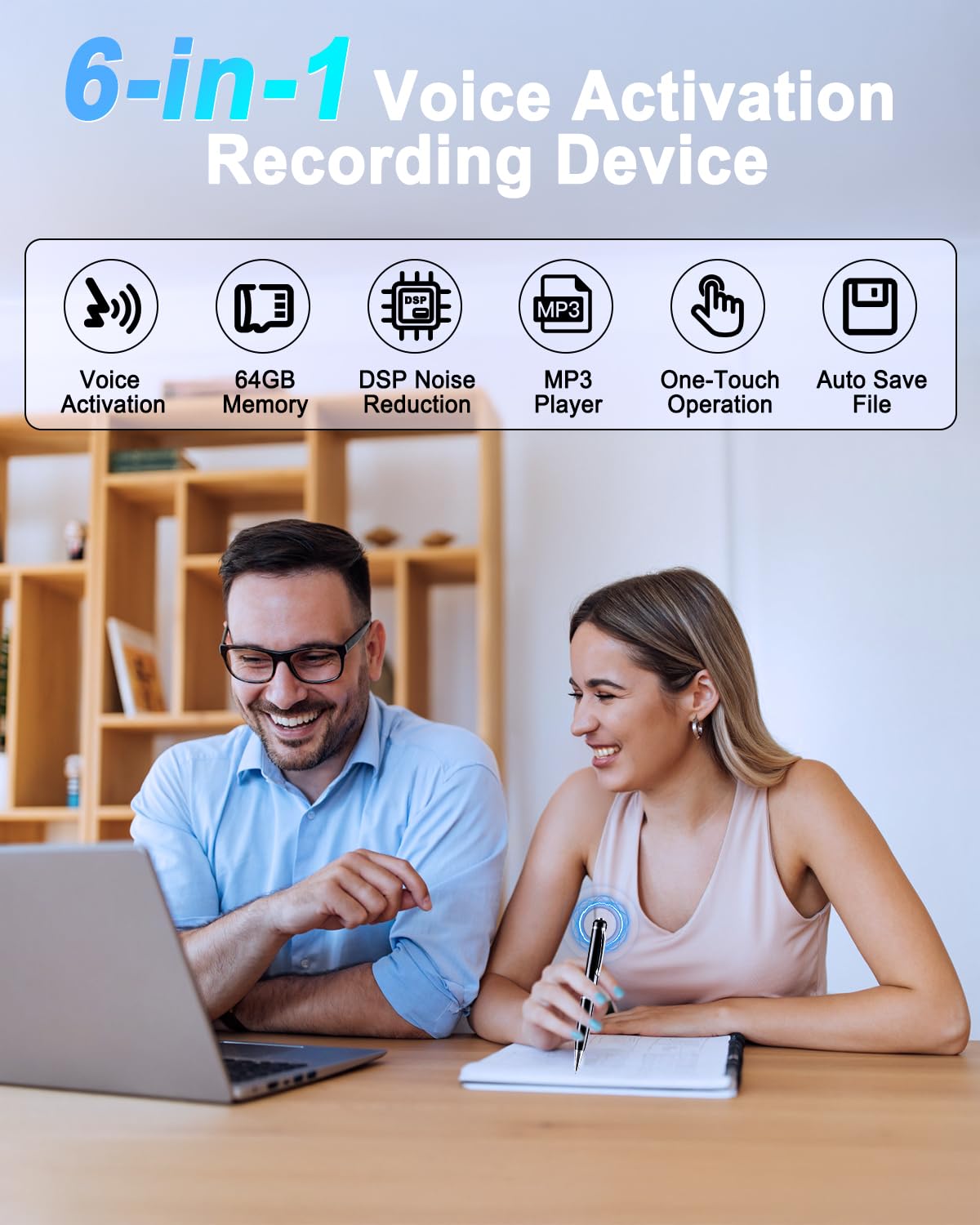 Penna Registratore Vocale 64GB - Registratore Audio con Riduzione del Rumore, Digital Voice Recorder Portatile per Lezioni, Interviste, Riunioni - Facile da Usare e USB Ricaricabile