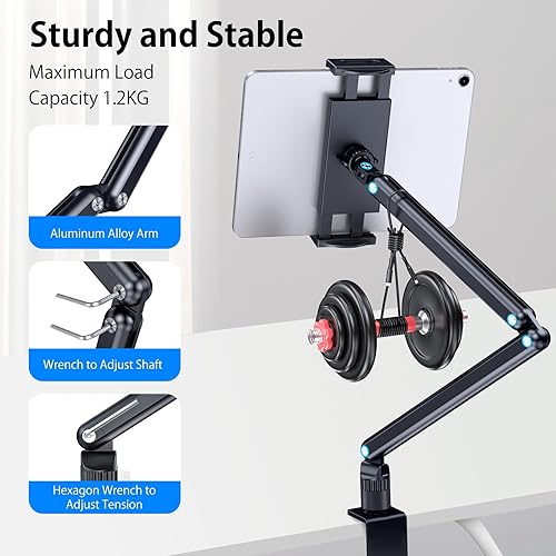 Miniatura 4 de Soporte para tableta, soporte de escritorio de aluminio para iPad, soporte de brazo para tableta con base de metal giratoria de 360, se adapta a