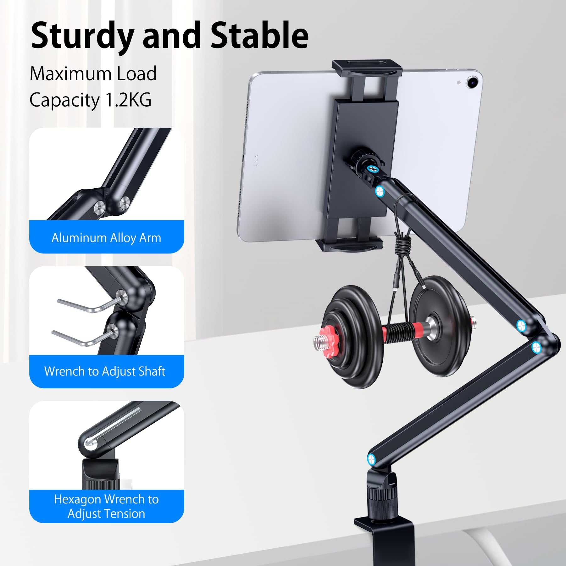 Supporto per tablet in alluminio con base in metallo rotante a 360° adatto per iPad Air Pro Mini, telefoni, Samsung Galaxy, Kindle, tutti i dispositivi