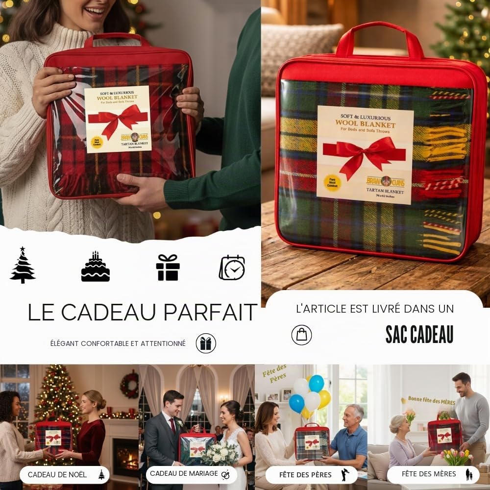 Couvertures luxueuses en laine à motif tartan pour lits - Tartan Naturel Buchanan - Grand 188x157 cm, bords frangés - Plaid écossais doux et douillet - Cadeaux pour la Fête des Mères et mariages