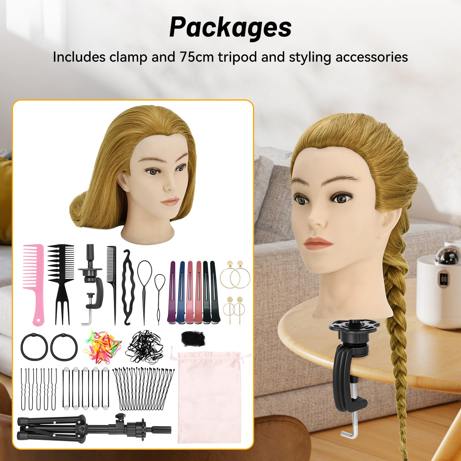 Frisierkopf Echthaar 61cm/24inch mit Stativ und Tischklemme Halter, Friseur-Werkzeug-Set