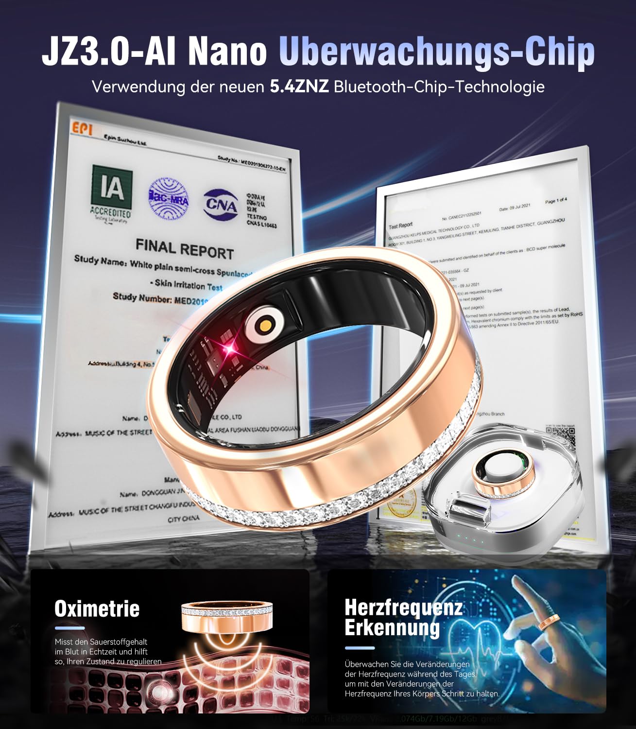 10. Gen Diamant Smart Ring und Kabelloses Ladeetui【Branchennummer 1 – 0 Messfehler】 2025 Fitness Tracker zur Schlafüberwachung, Tragbarer SpO2-Smartring für Android und iOS, Gold 8#
