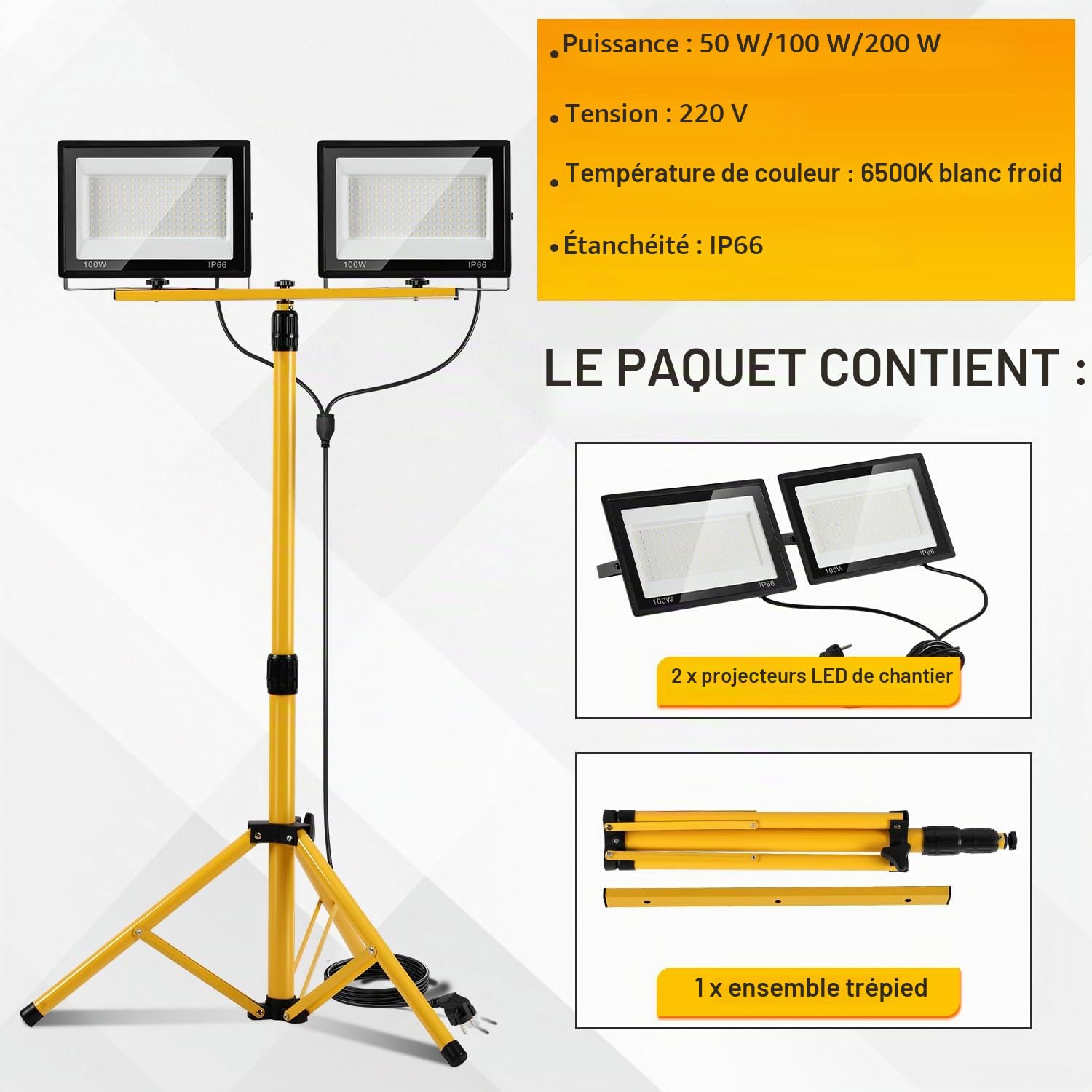 Projecteur de chantier ISOISL avec trépied 2x50W, projecteur LED 2x5000 lumens, télescopique réglable à 1,60 m, rotation à 360°, câble de 300 cm, IP66 pour garage, atelier, chantier, blanc froid