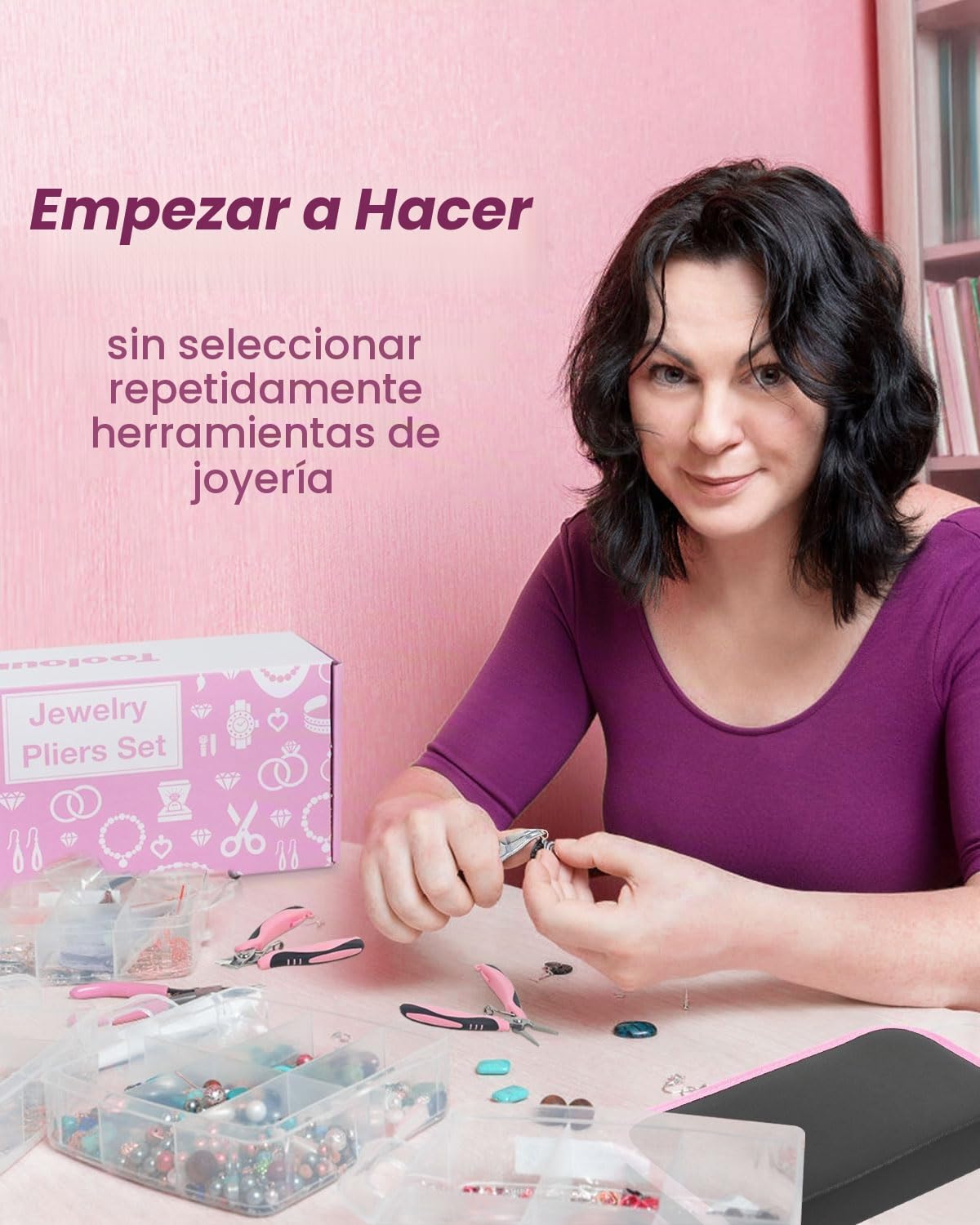 10 Alicates para Joyería - Kit de Herramientas para Hacer Joyas en Acero al Carbono- Herramientas Profesionales de Bisutería para Manualidades de Joyería en Elegante Rosa