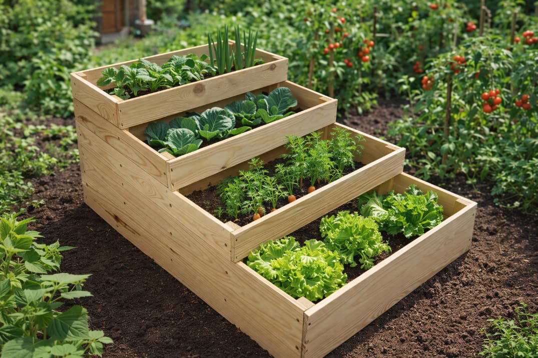 MG Design Potager surélevé en Bois 120 x 90 x 47,5 cm – Bac Potager 4 Niveaux pour légumes, Herbes et Fleurs, bac de Culture extérieur pour Jardin et terrasse