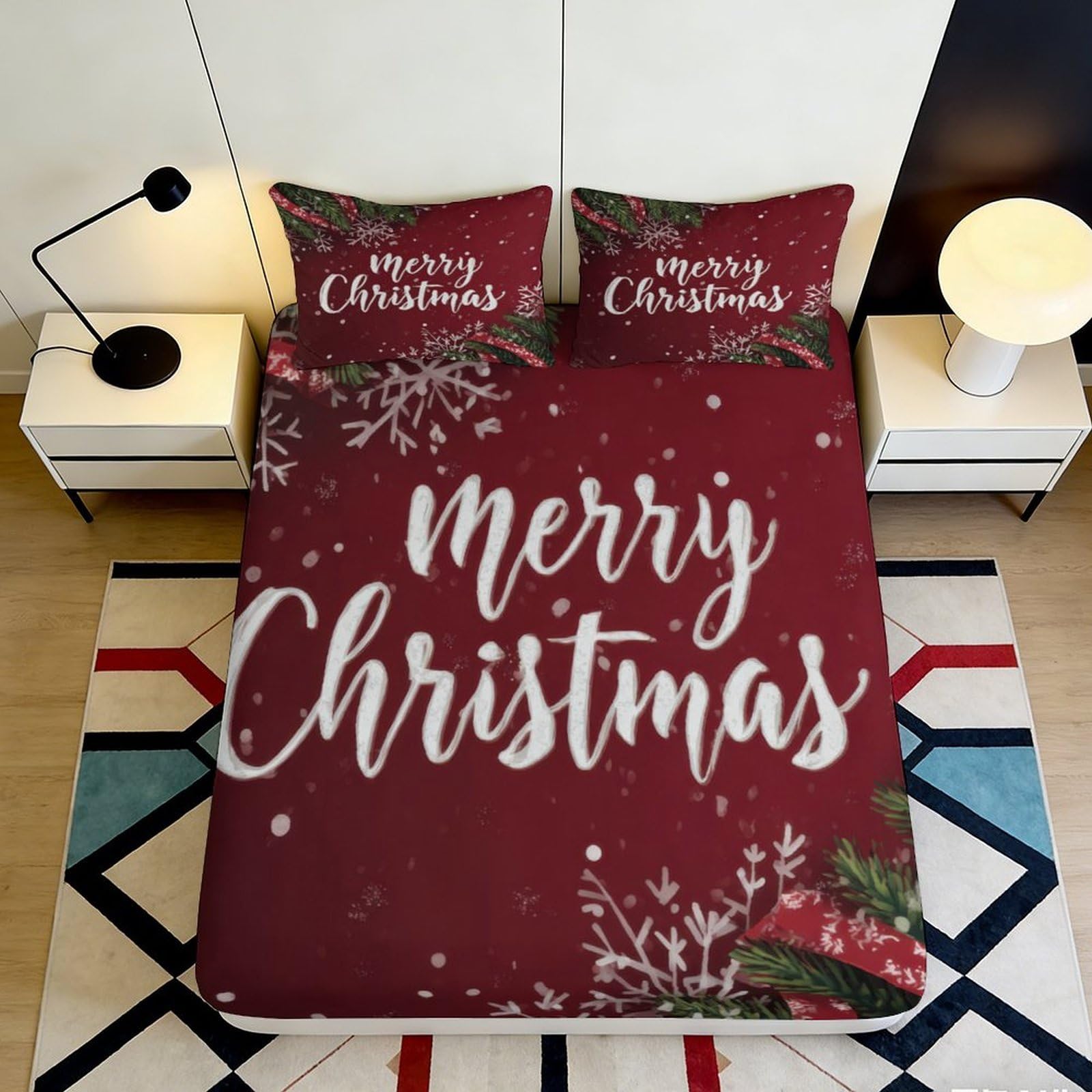3D Printed Merry Christmas Fitted Sheet Microfiber Red Snowflake Bed Cover for Bedroom Guest Room Easy Care Decor 90x200x25cm