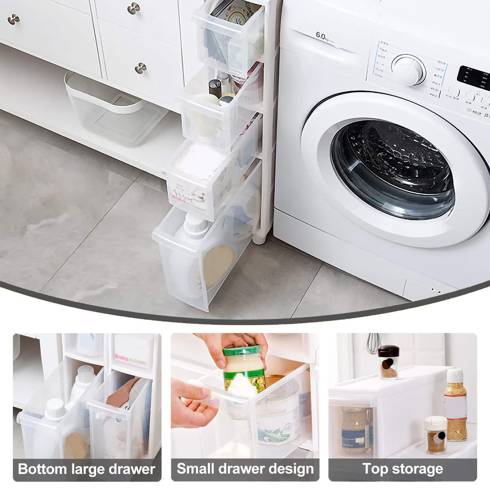 Armadietto da pavimento alto stretto per bagno, cassettiera verticale con 4 cassetti trasparenti e rotelle, carrello sottile autoportante per cassettiera, larghezza 14 cm/22 cm, montaggio