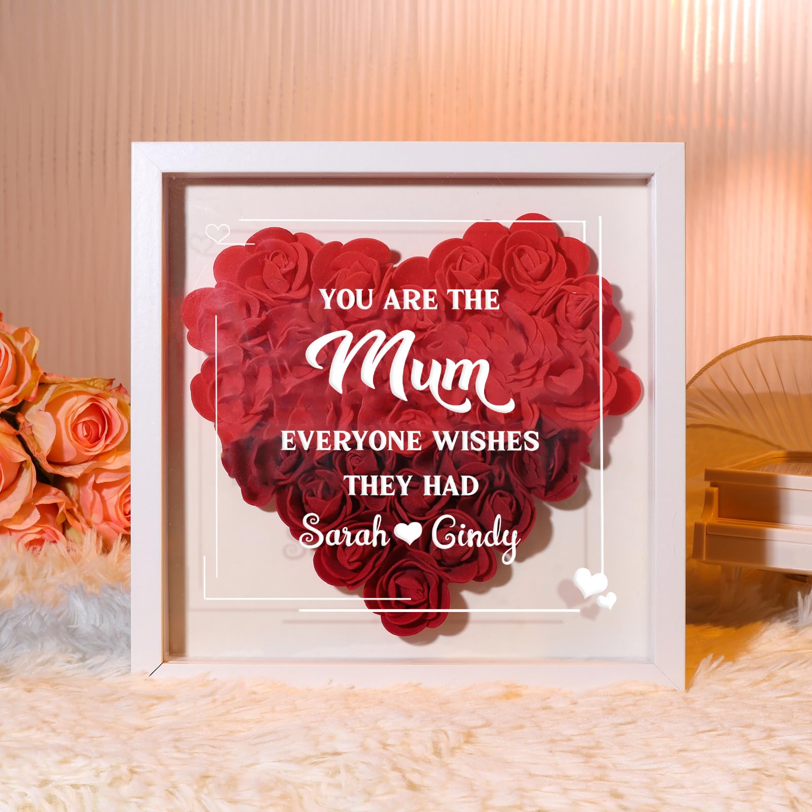 Personalised Mothers Day Rose Flower Shadow Box Frame with Name Gifts for Mum from Daughter Son (A)