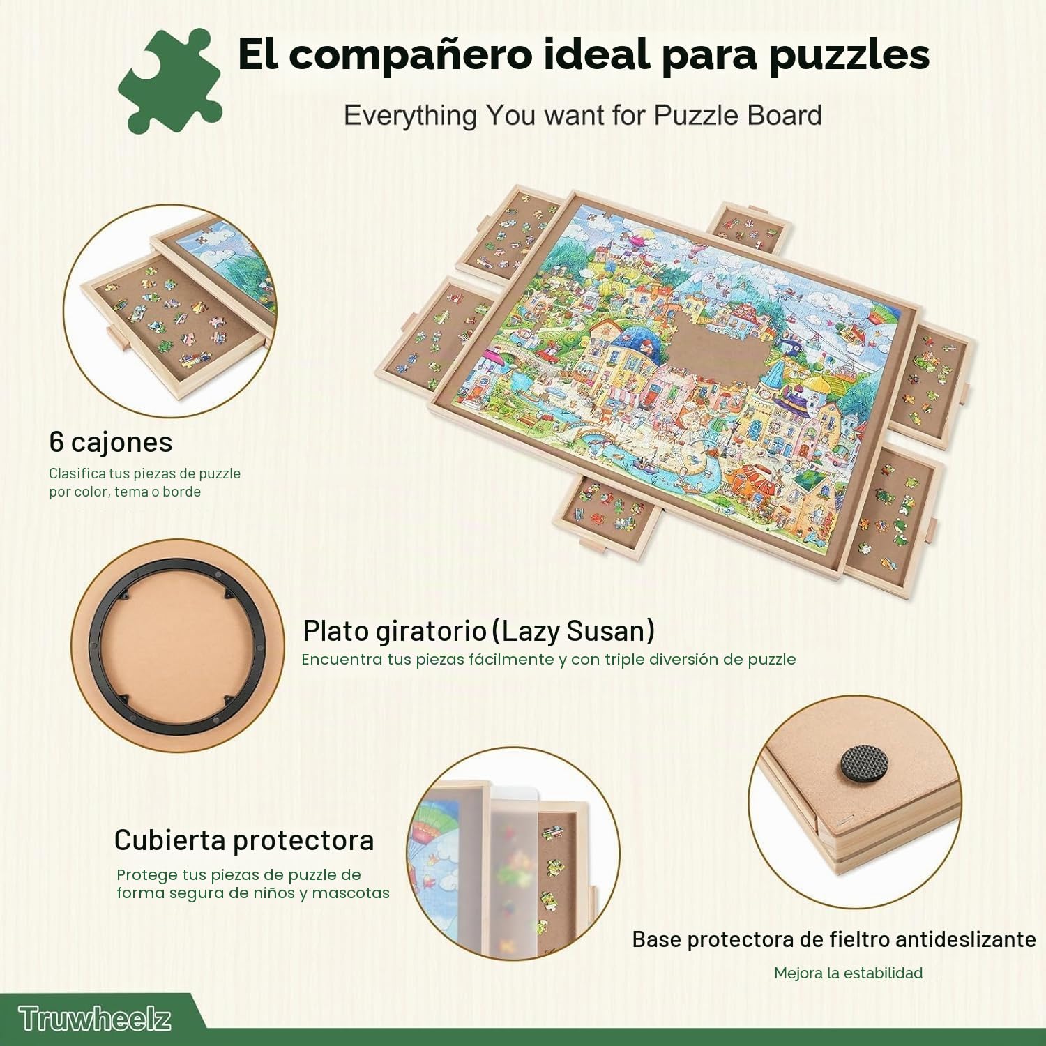 Tabla de rompecabezas giratoria de 2000 piezas con 6 cajones y cubierta, mesa de rompecabezas portátil de madera de 72,4 x 102 cm para adultos, Lazy Susan Spinning Puzzle Boards Mamá
