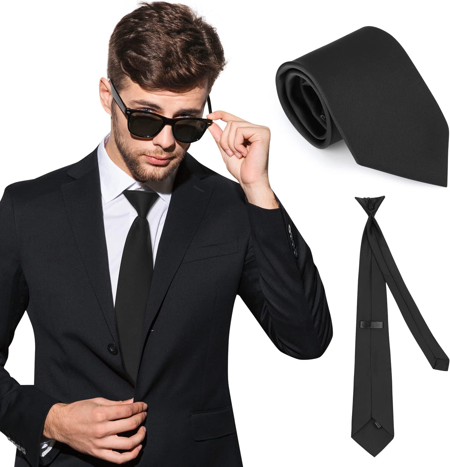 PAFUWEI Mens Black Tie Clip On Tie with Clip Pre-tied Neckties Adjustable Matte Standard Security Tie
