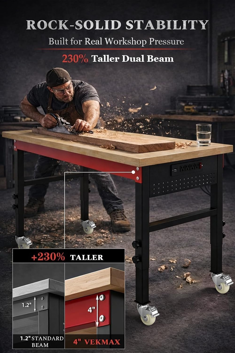 70" Heavy Duty Workbench, 2500 LBS Load Capacity Work Bench with 1.2" Laminated Oak Wood Top & Reinforced Steel Frame, Adjustable Height Work Table for Garage, Workshop, Office, Home (Casters)