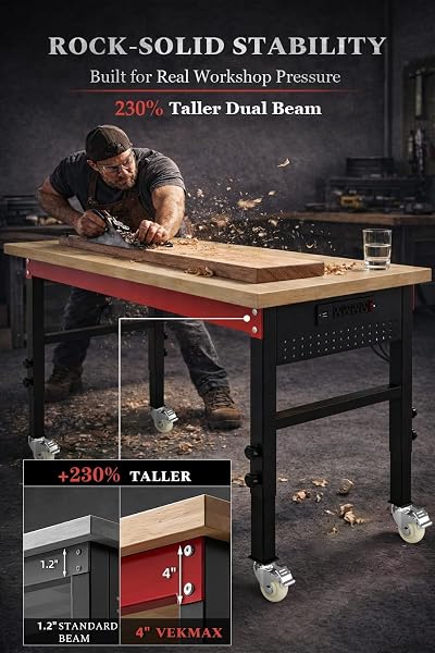 70" Heavy Duty Workbench, 2500 LBS Load Capacity Work Bench with 1.2" Laminated Oak Wood Top & Reinforced Steel Frame, Adjustable Height Work Table for Garage, Workshop, Office, Home (Casters) - 3